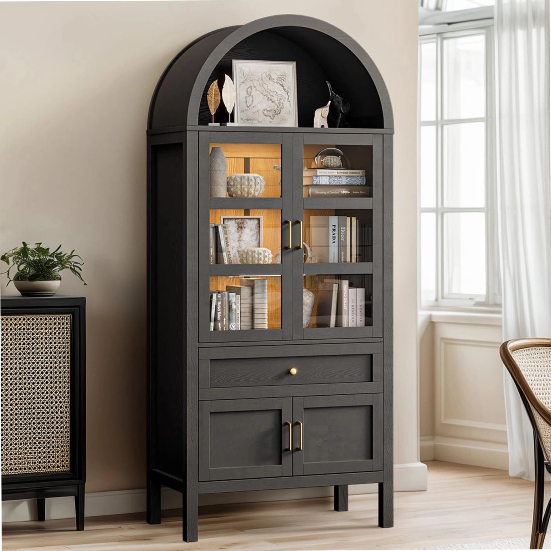 Arched Glass Display China Cabinet with LED Lighting