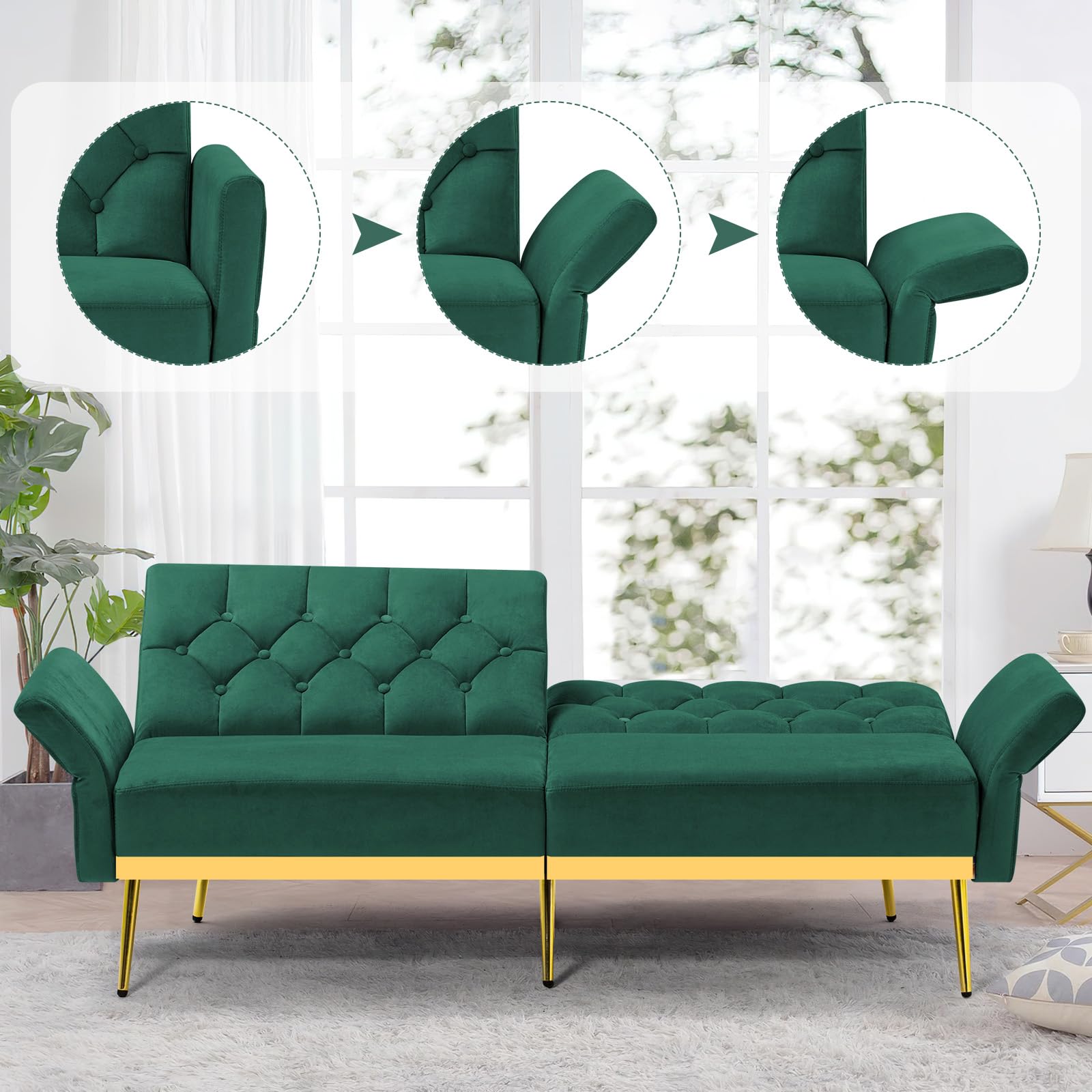 Velvet Futon Sofa Bed with Adjustable Armrests