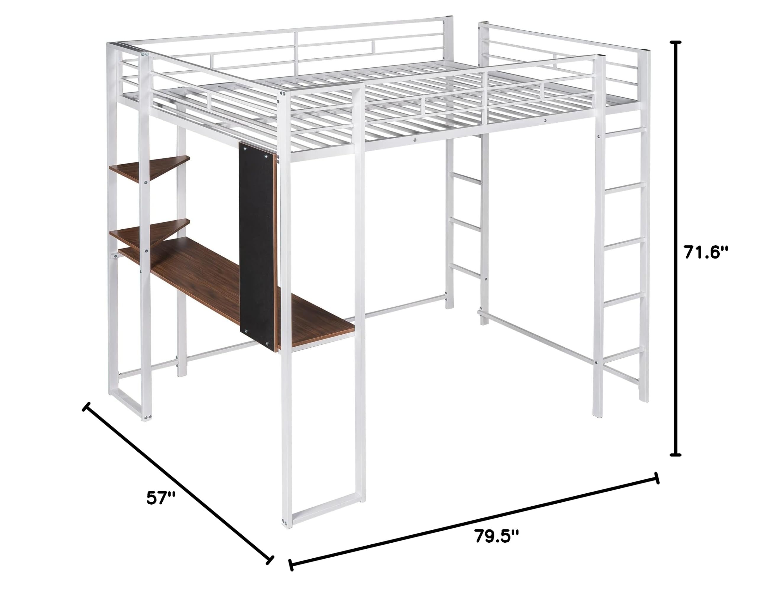 Full Loft Bed with Desk and Ladder - White Metal Frame