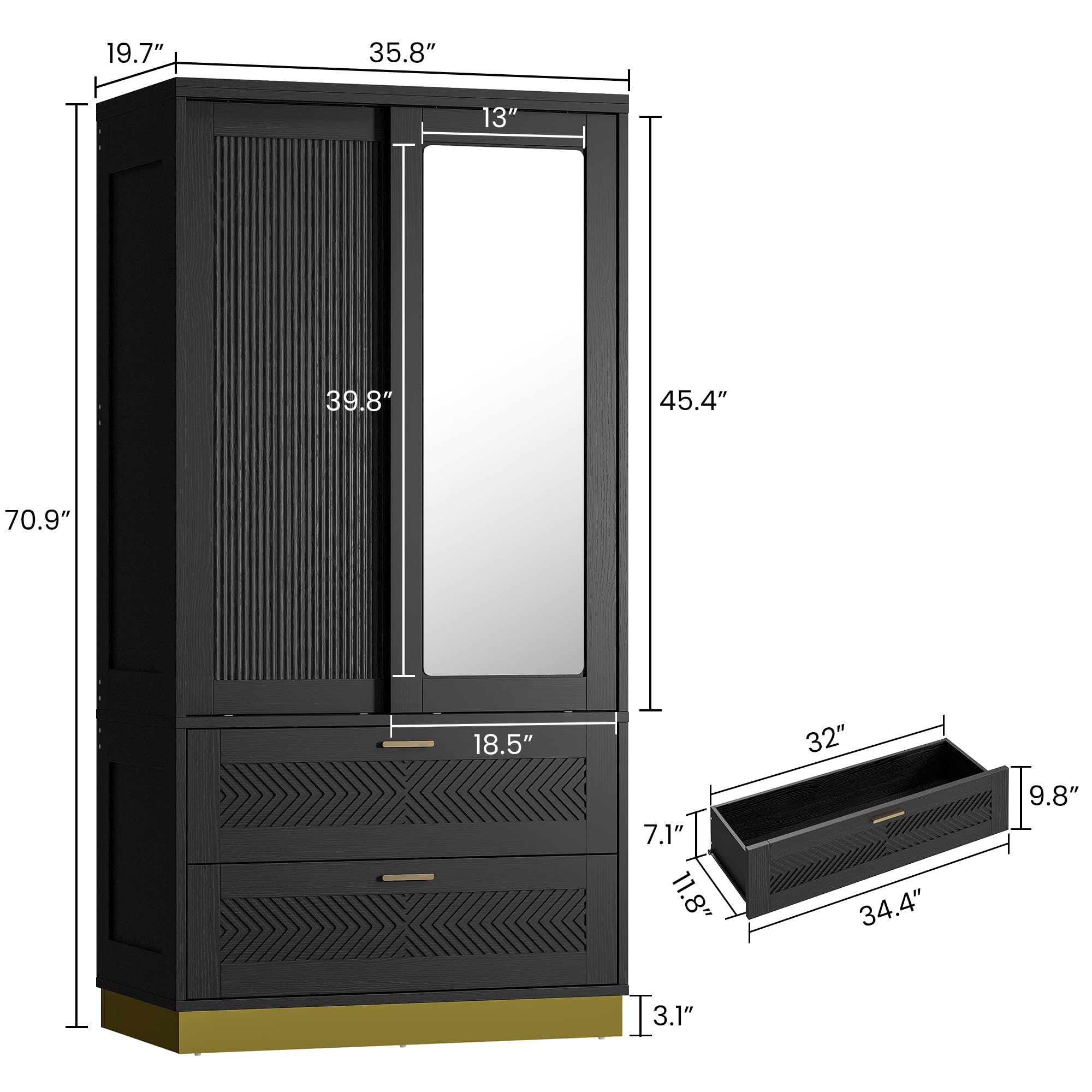 71" Armoire Wardrobe Closet with Mirror and Sliding Doors