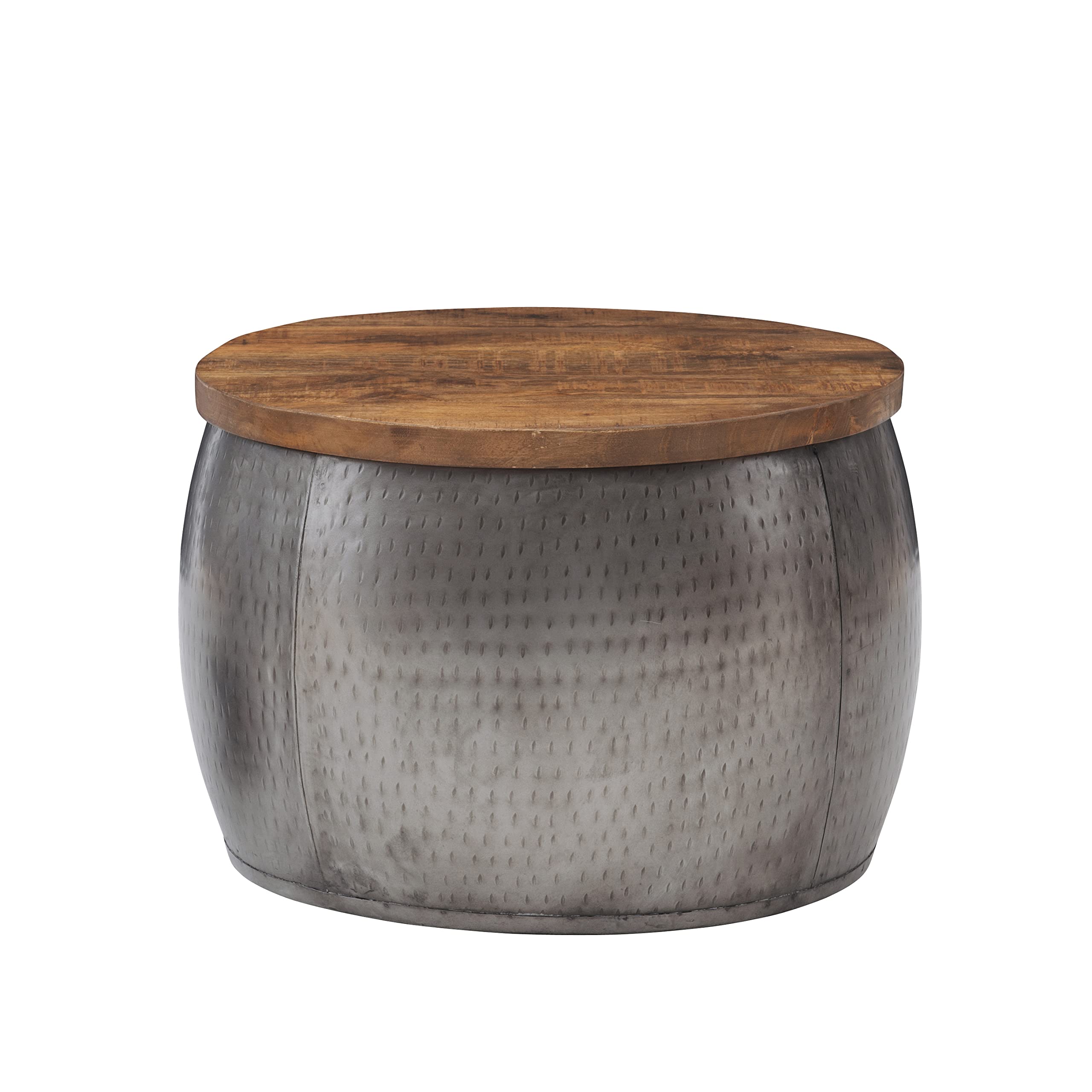 Hammered Silver Drum Table with Natural Wood Lift Top