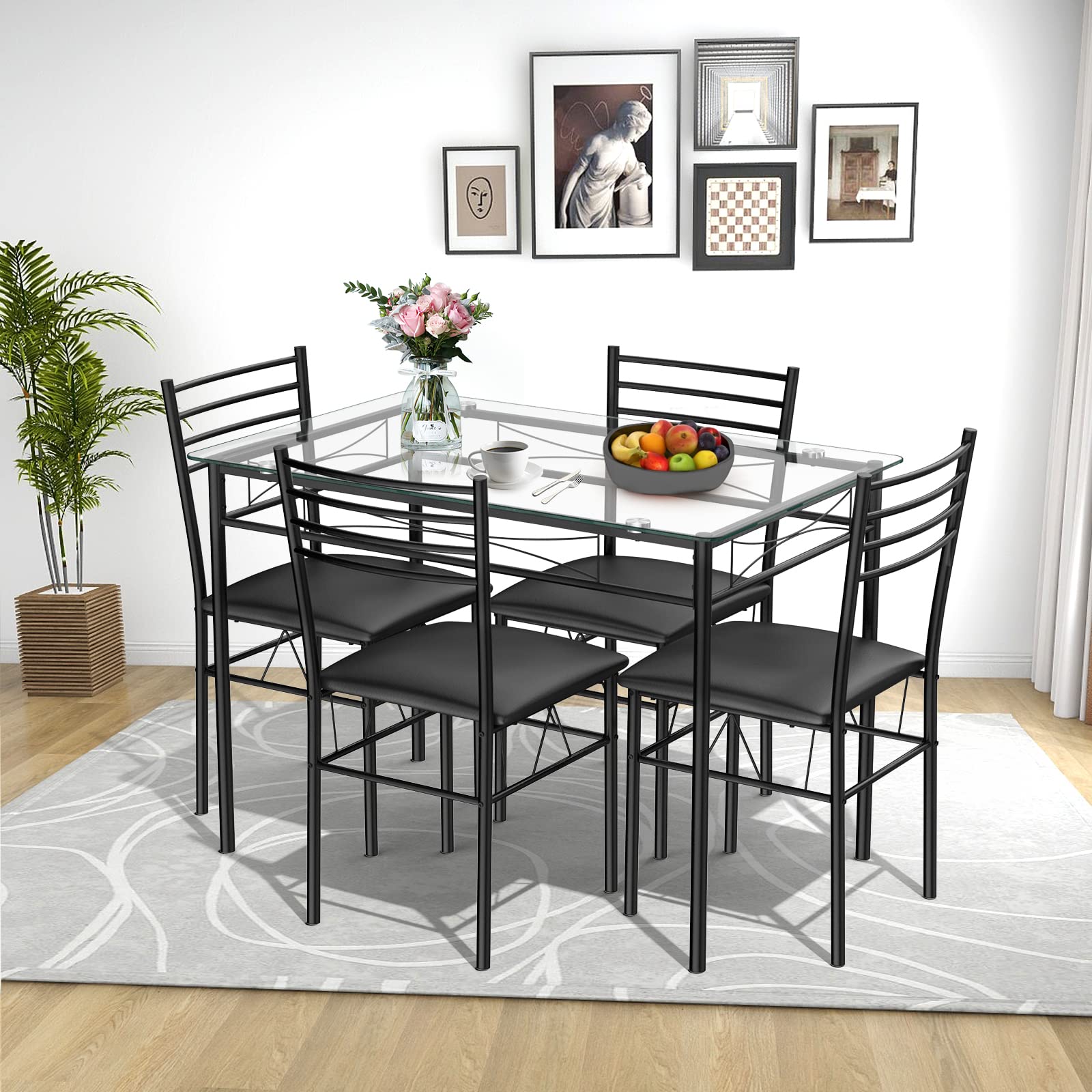 5-Piece Dining Set with Tempered Glass Table