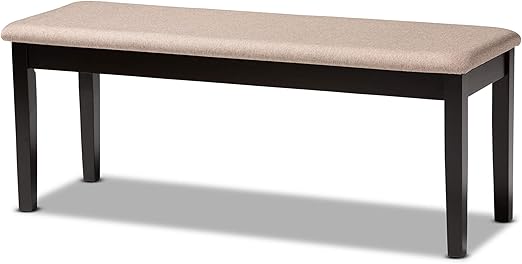 Grey Fabric Upholstered Dining Bench with Walnut Brown Wood Frame