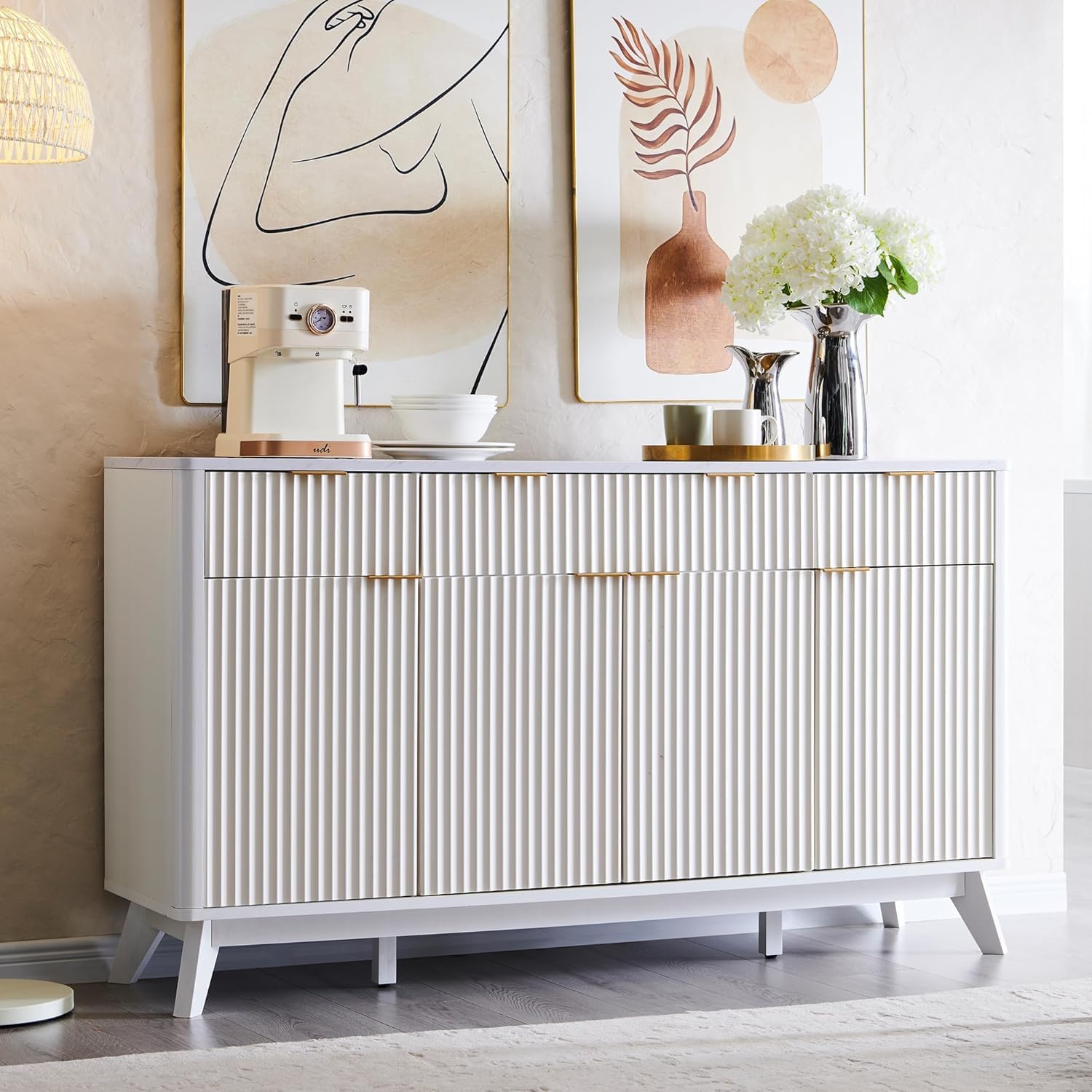 60" Fluted Buffet Sideboard Cabinet with 3 Drawers and 4 Doors