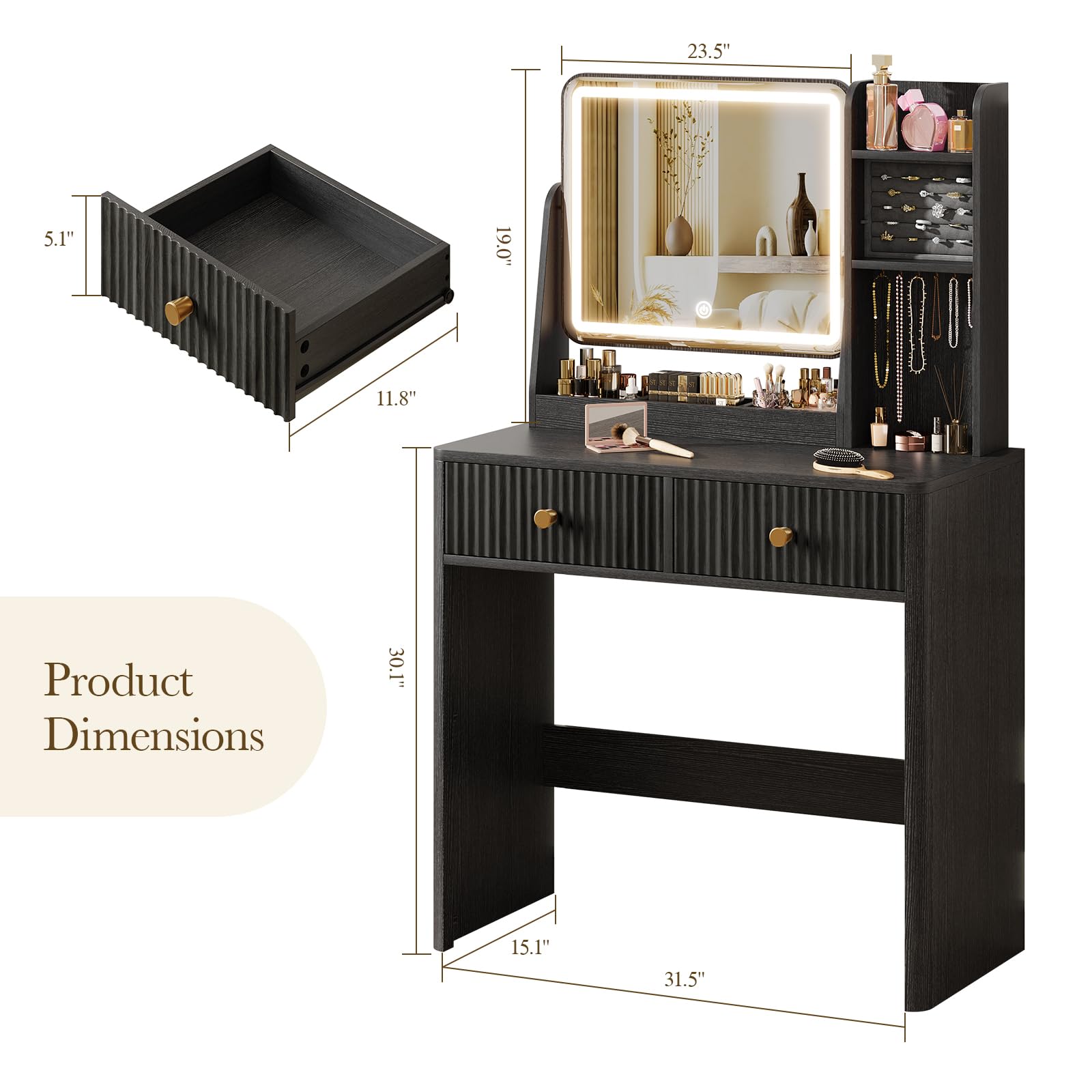 Fluted Vanity Desk with Mirror and Lights