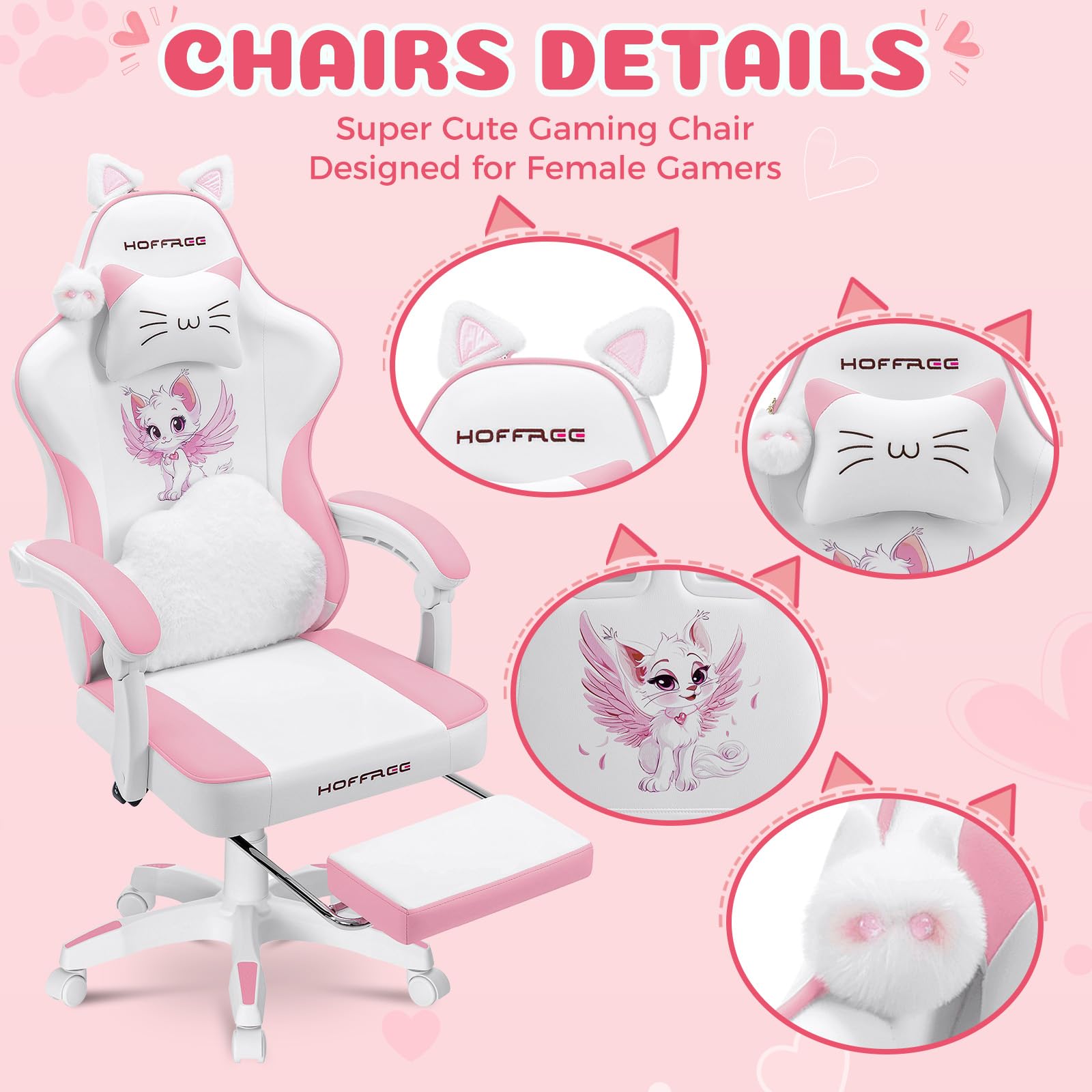 Pink Gaming Chair with Cat Ears and Massage Lumbar