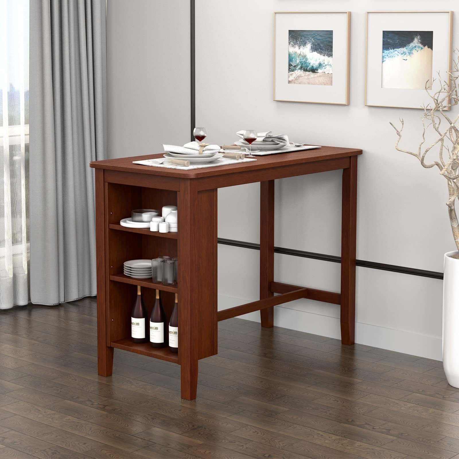 Counter Height Bar Table with 3-Tier Storage Shelves