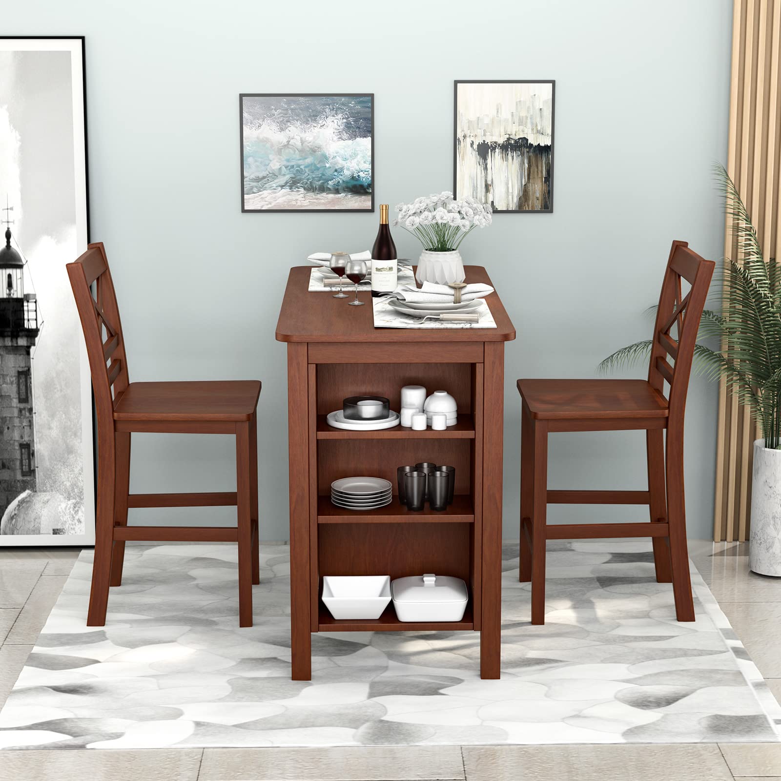 Counter Height Bar Table with 3-Tier Storage Shelves