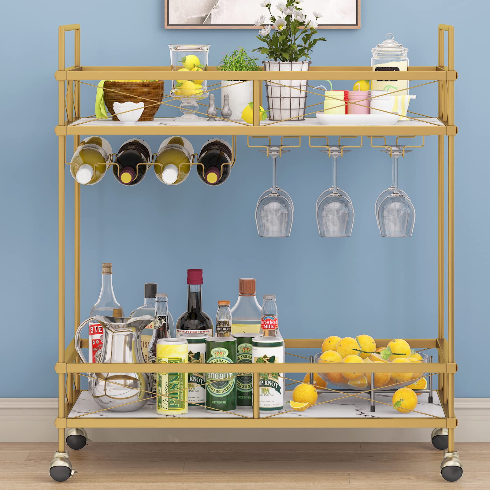 Gold Bar Serving Cart with Marble Shelves & Wine Rack