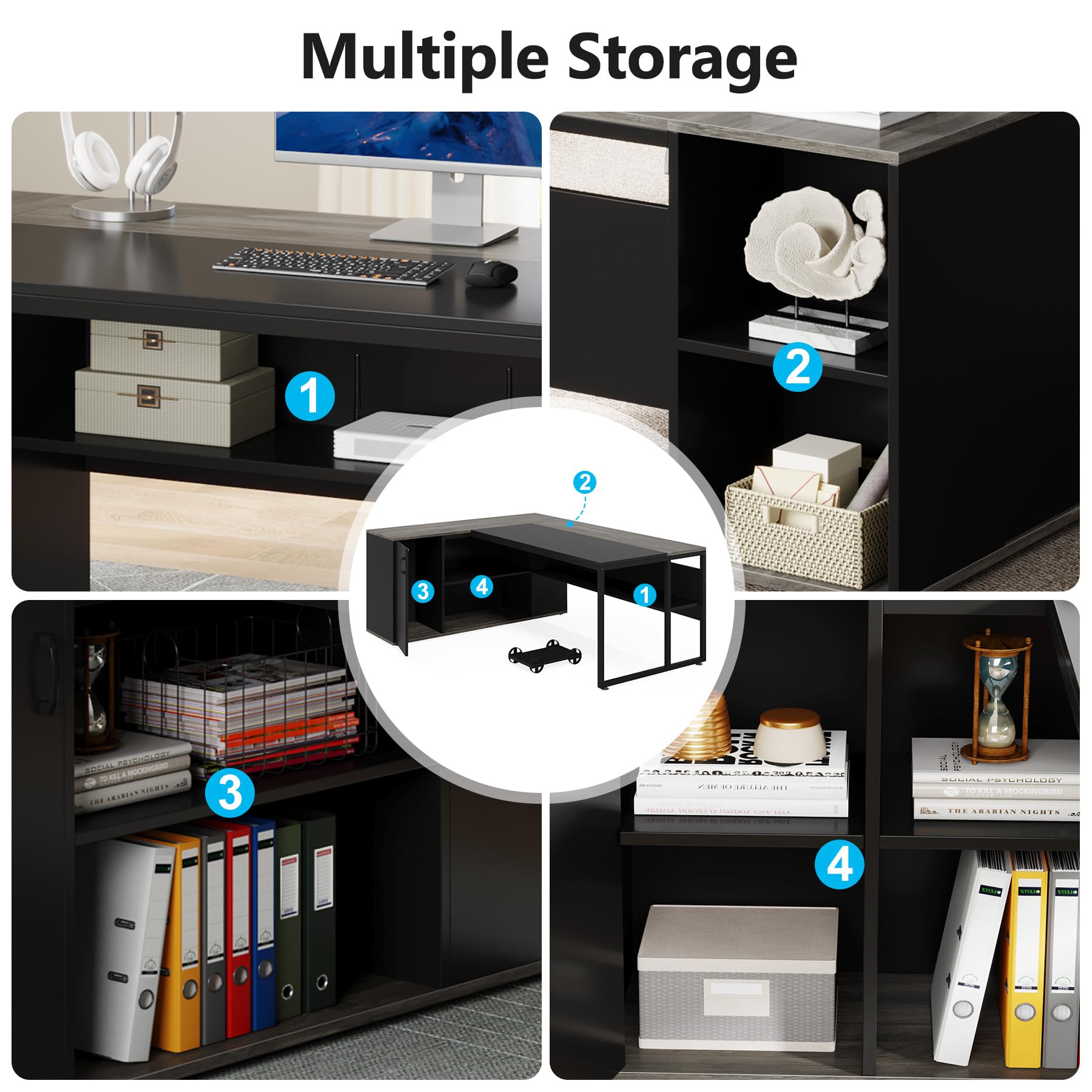 71 Inch L-Shaped Executive Desk with Cabinet Storage