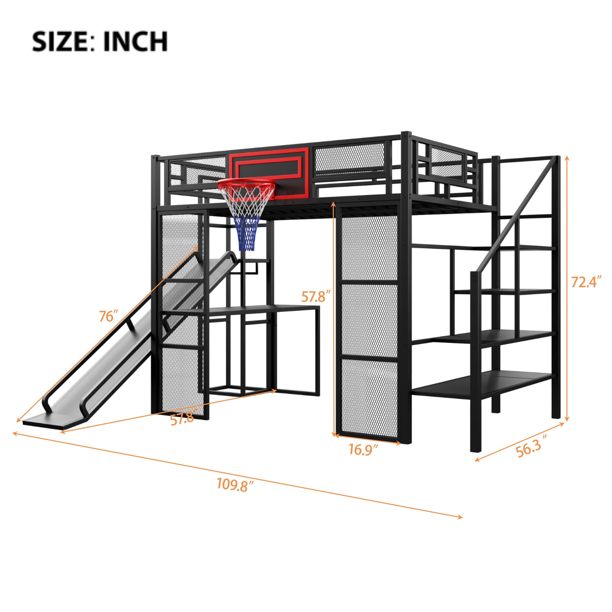 Full Size Metal Loft Bed with Slide and Staircase