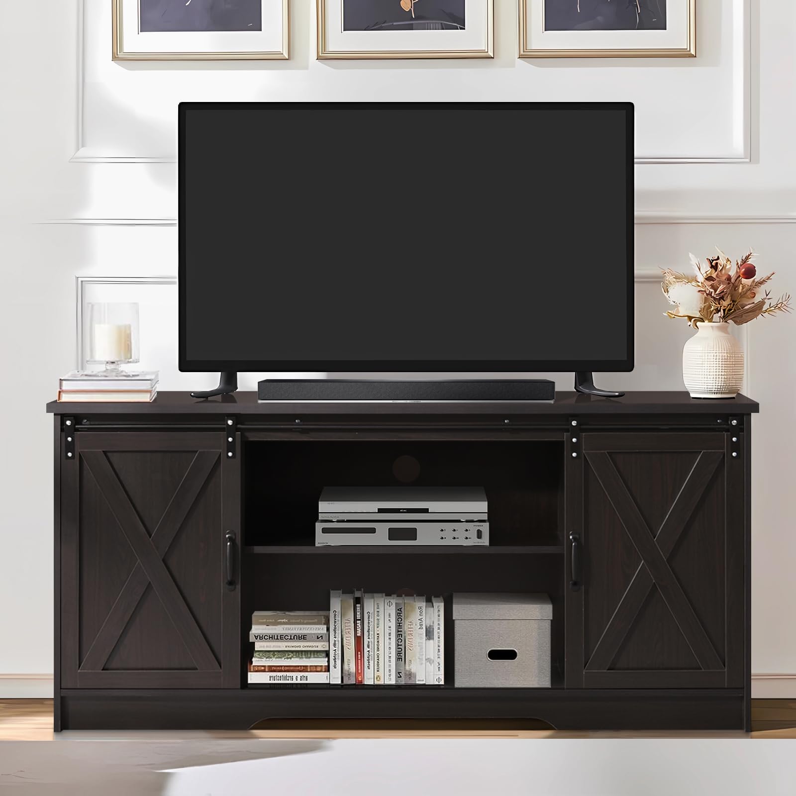 65 Inch TV Stand with Sliding Barn Doors and Storage Cabinets