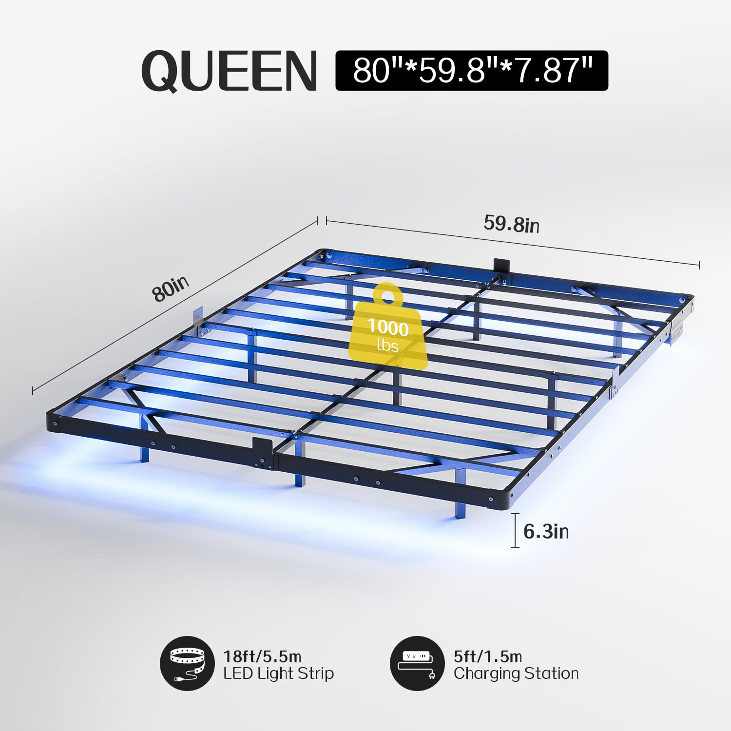 Queen Size Floating Bed Frame with USB Charging Station and LED Lights