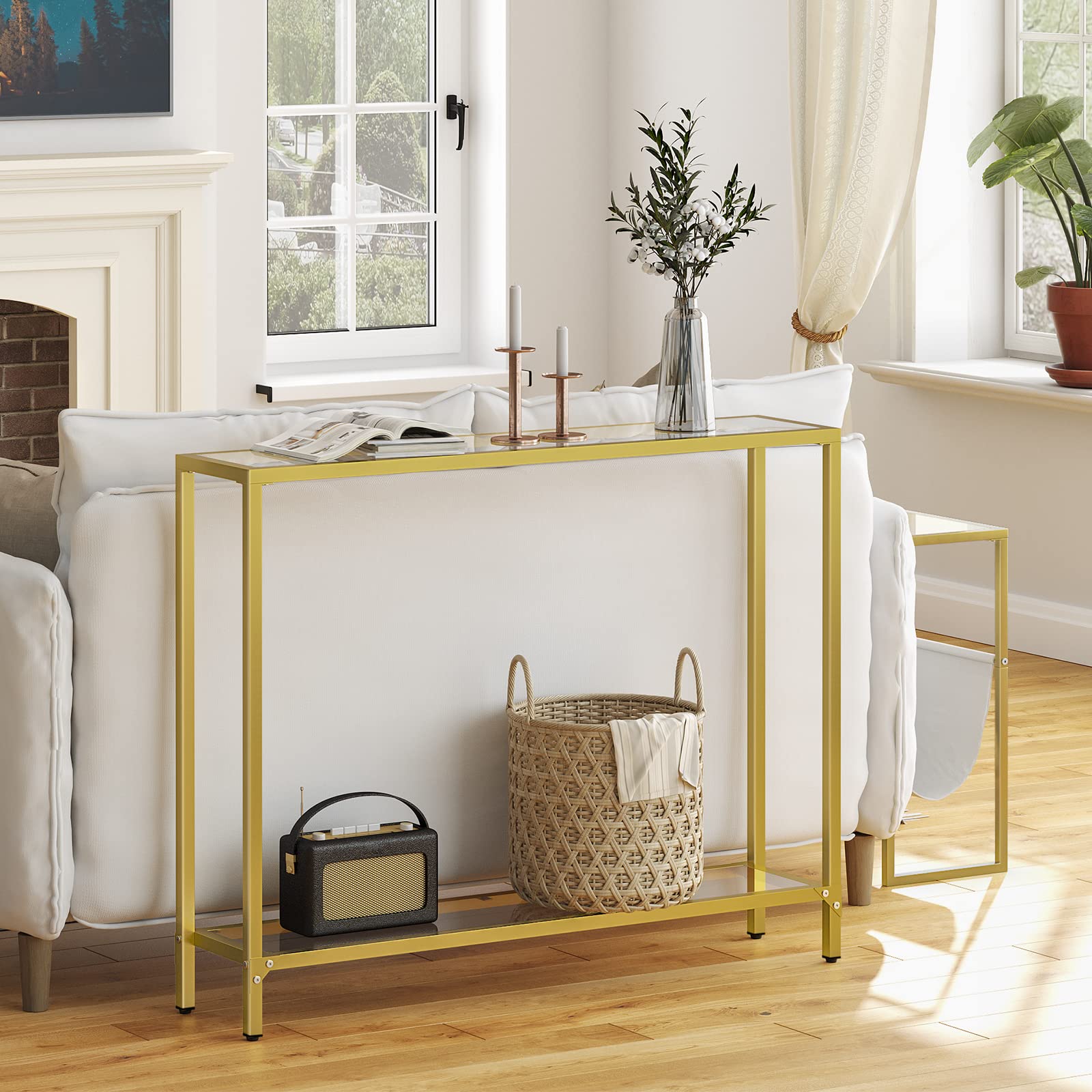 39.4" Narrow Console Table with Tempered Glass and Metal Frame