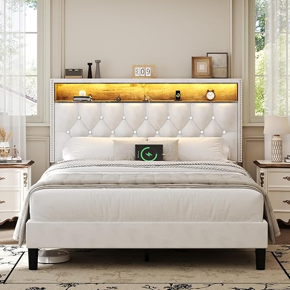 King Size Velvet Bed Frame with LED Lights