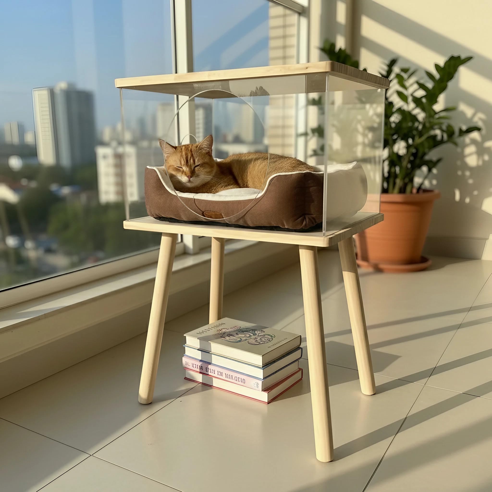 Cat Bedside Table with Acrylic Guardrail