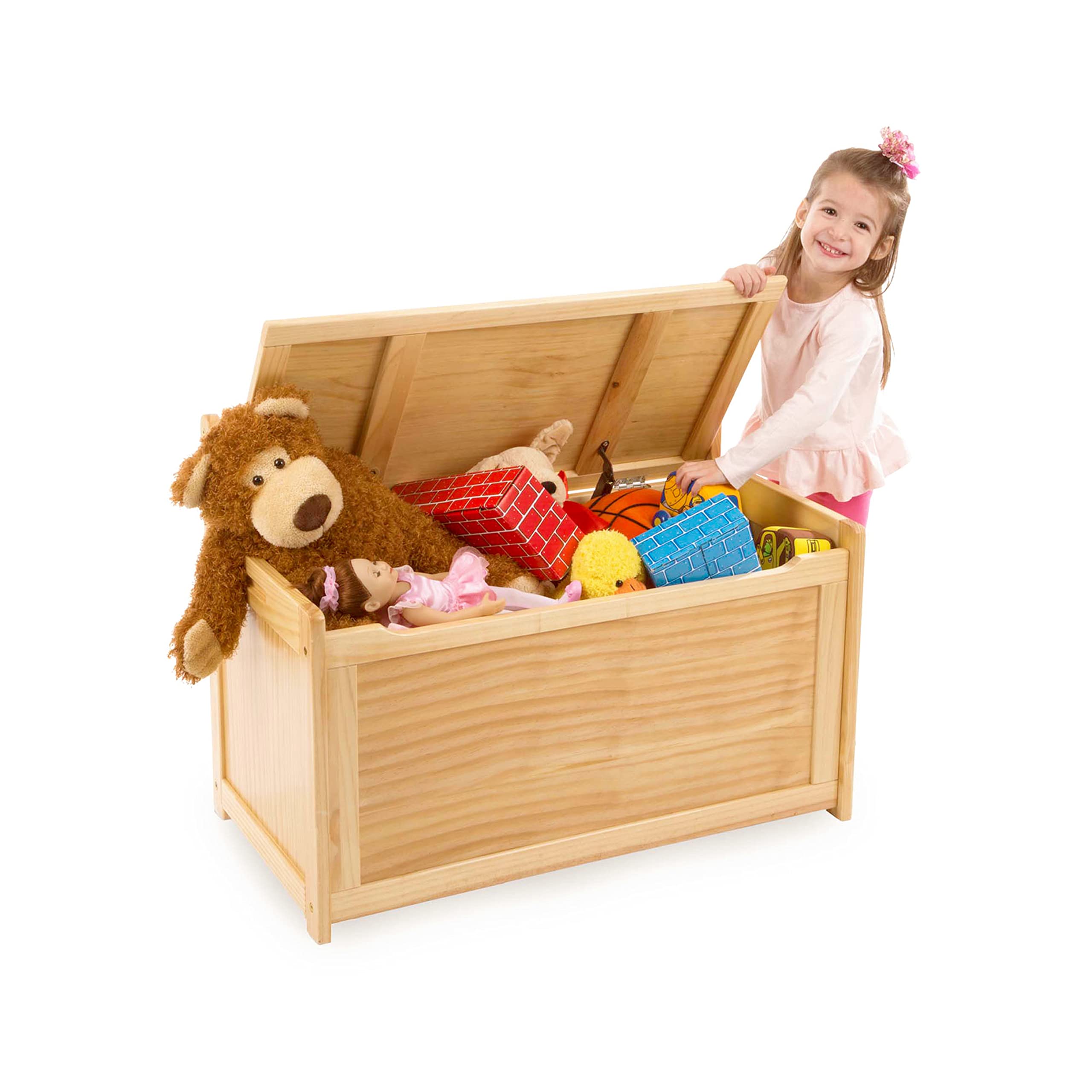 Wooden Toy Chest with Safety-Hinged Lid