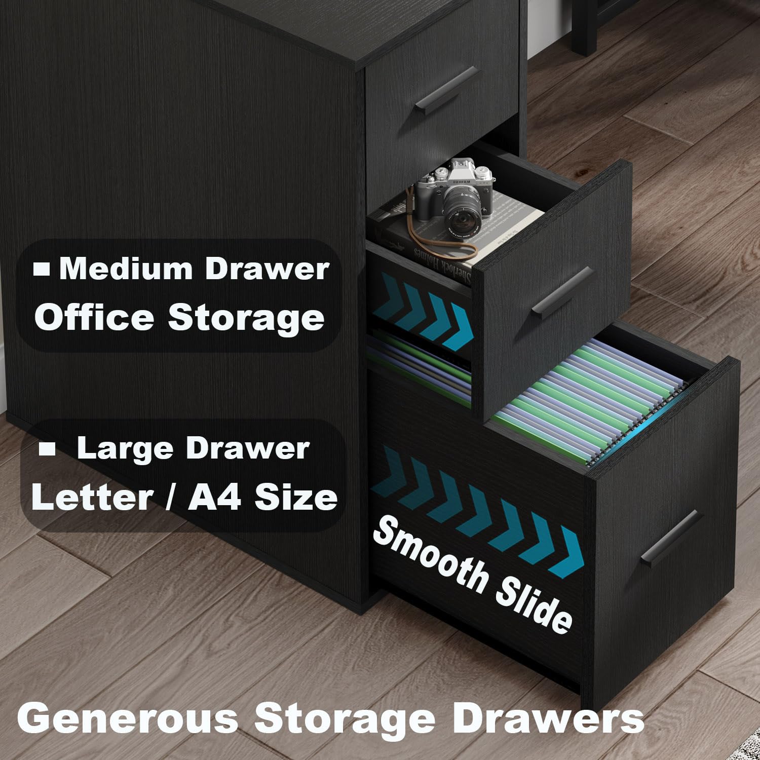 Black L Shaped Desk with Drawers and Storage Shelf