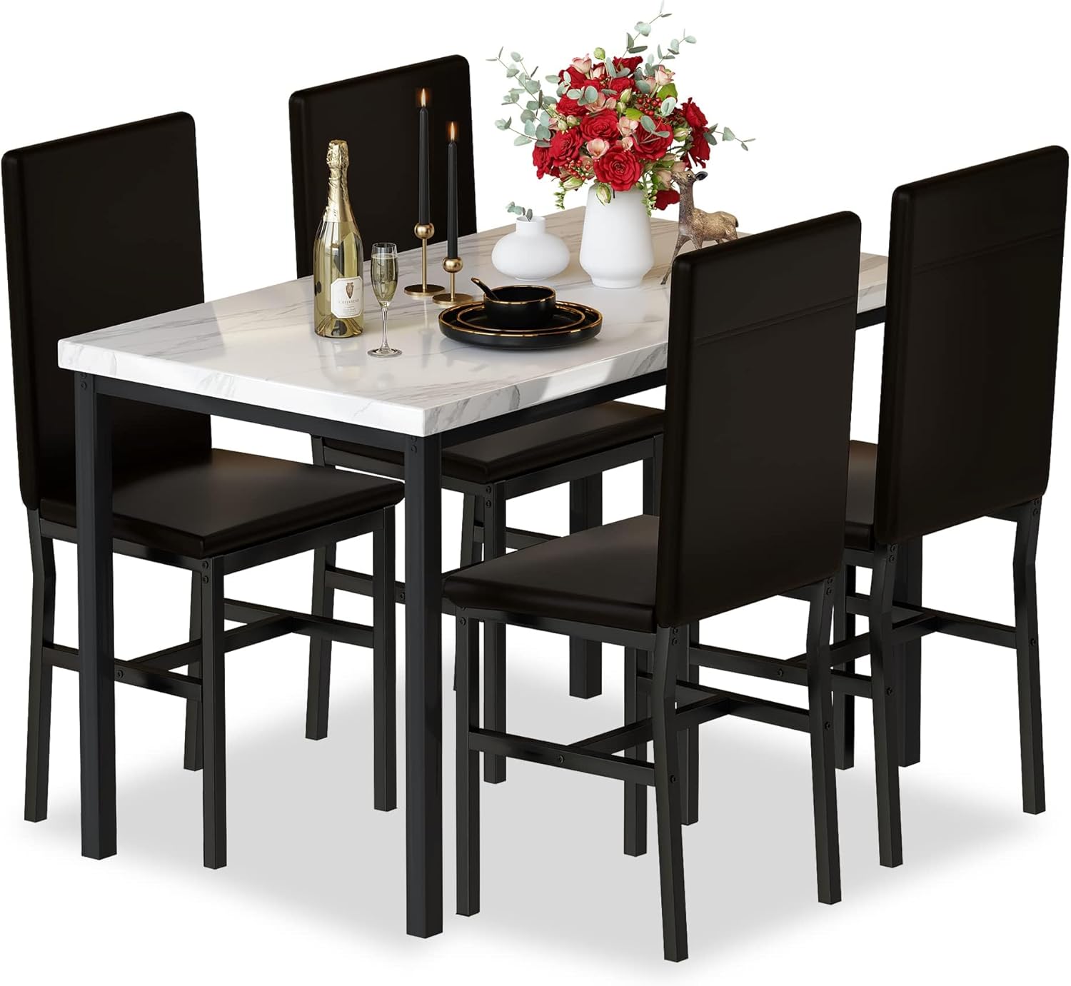 5-Piece Faux Marble Dining Table Set with 4 Chairs