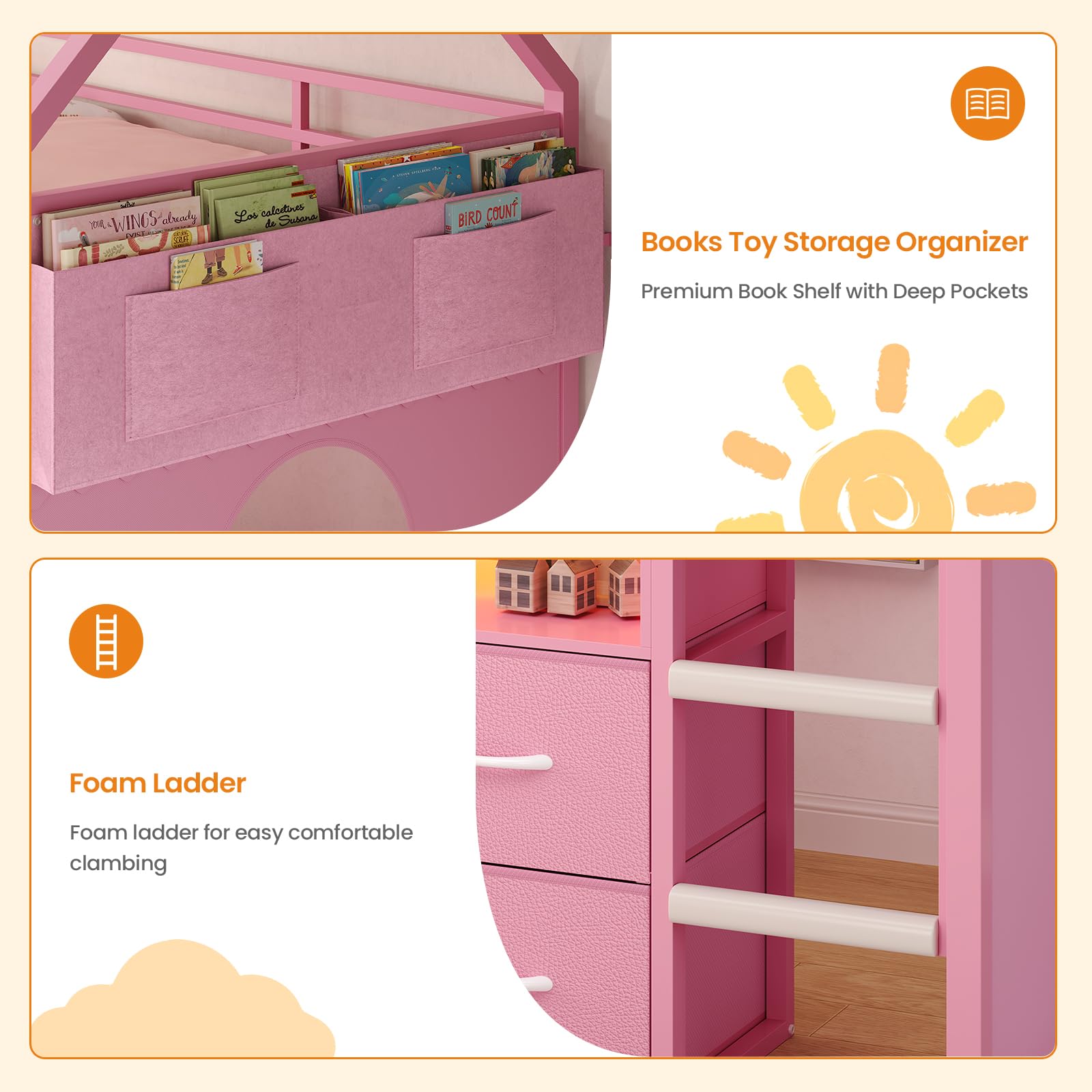 BTHFST Twin Size Loft Bed for Kids, 8 Storage Drawers & LED Lights, House Shaped Metal Bed with Bookcase, Soft Foam Ladder, 13.4" Safety Guardrail, Space Saving, Fun Curtain