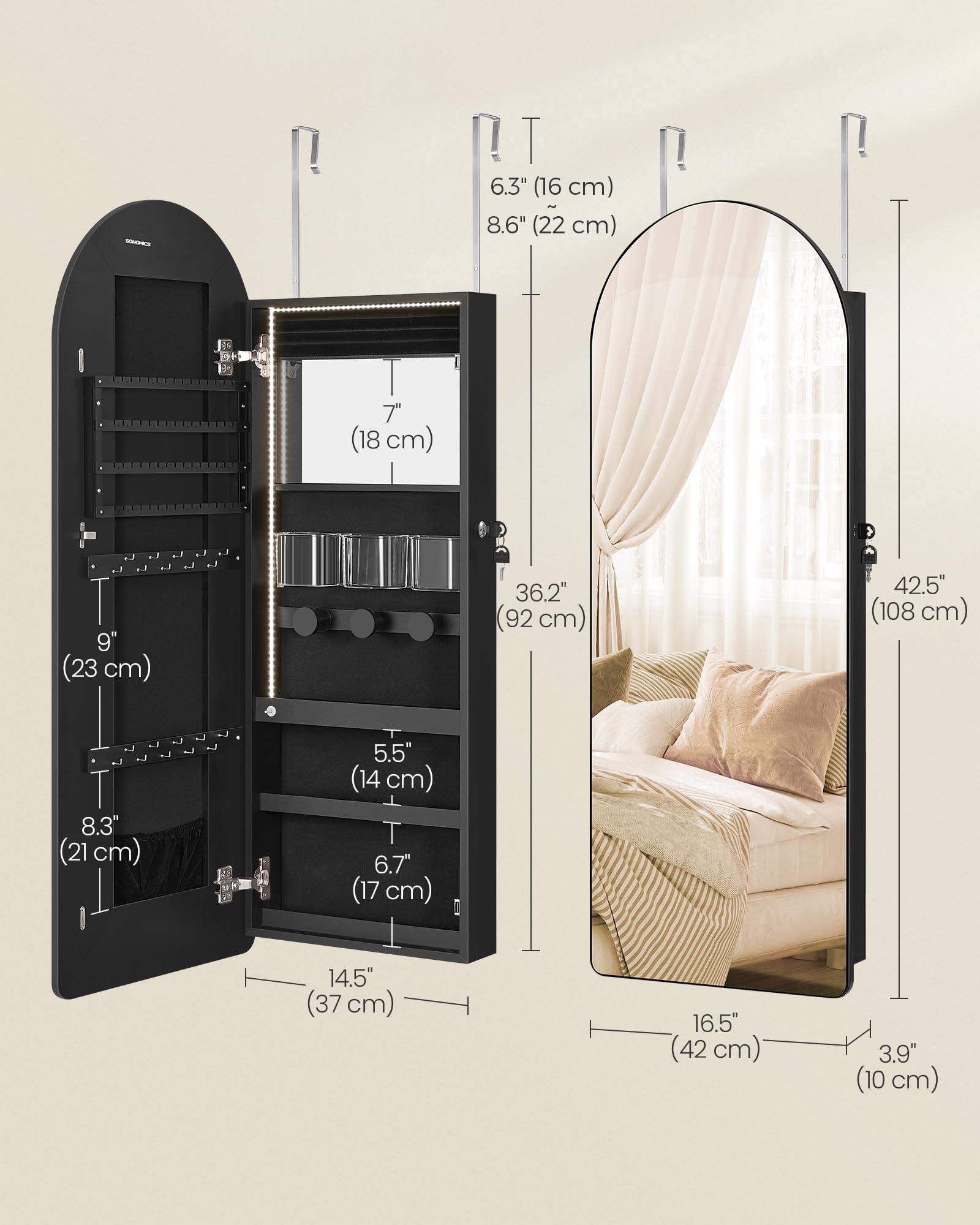 Wide LED Jewelry Cabinet with Arched Mirror