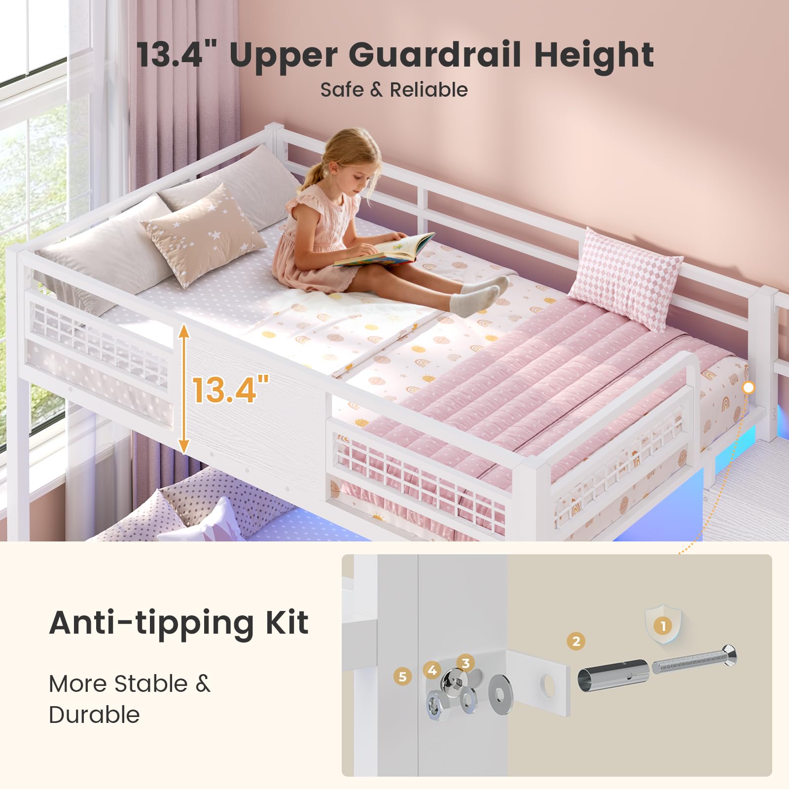 Twin Over Twin Bunk Bed with Stairs and LED Lights
