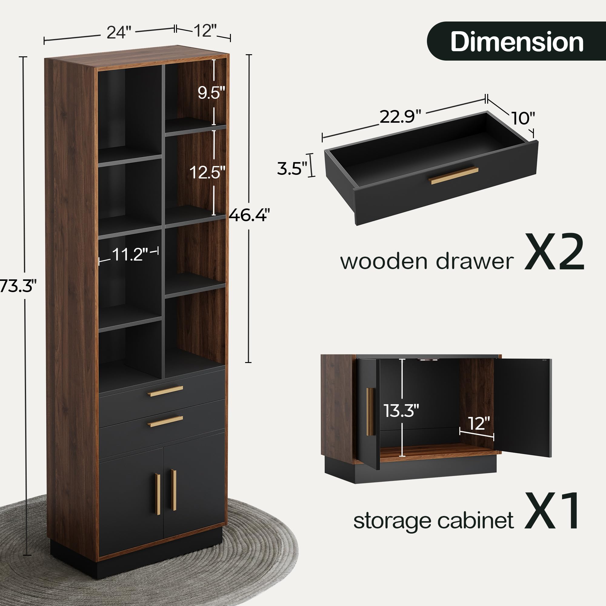 Wood Bookcase with Drawers and Doors 73.3" Tall