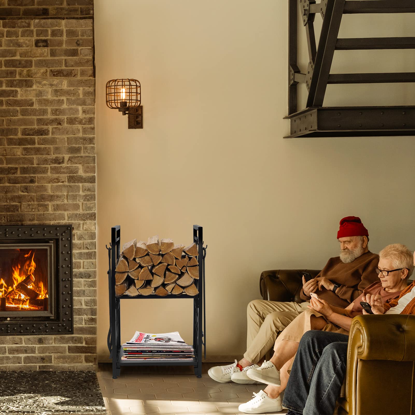 Firewood Rack with 4 Fireplace Tools