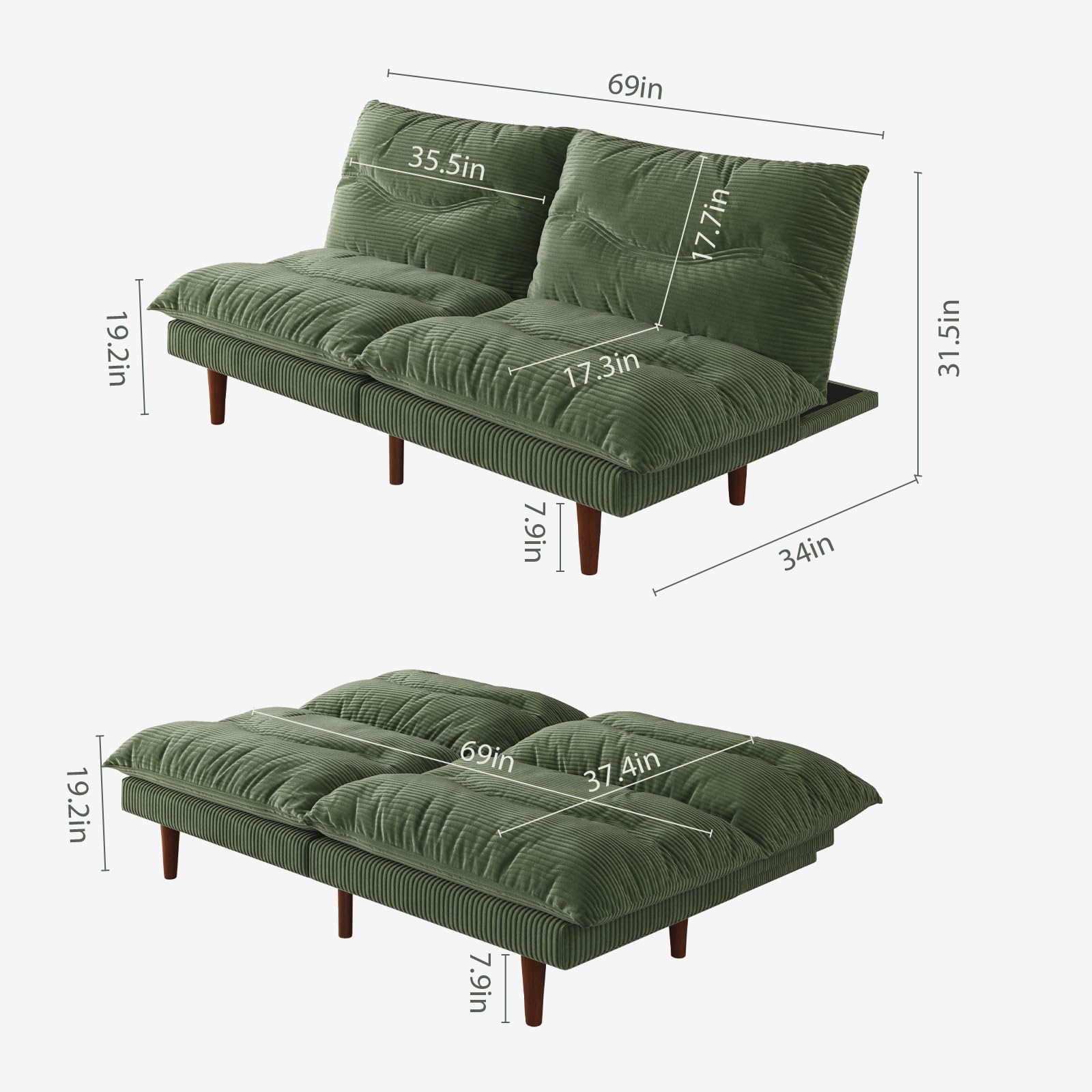 Convertible Futon Sofa Bed with Adjustable Backrest - 69 Inch Corduroy Sleeper Couch