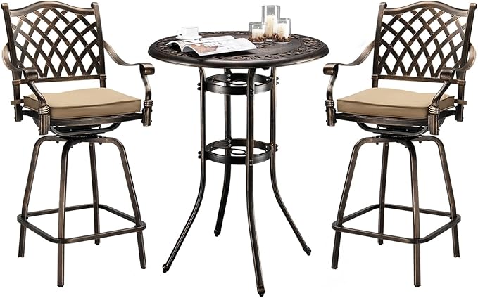 3-Piece Outdoor Bar Set with Aluminum Table and Cushioned Chairs