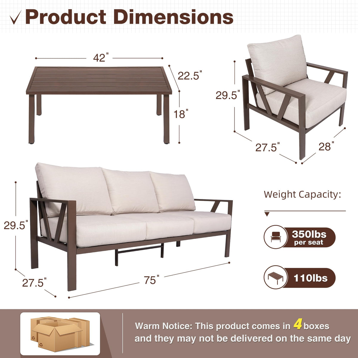 4-Piece Metal Patio Conversation Set with Coffee Table