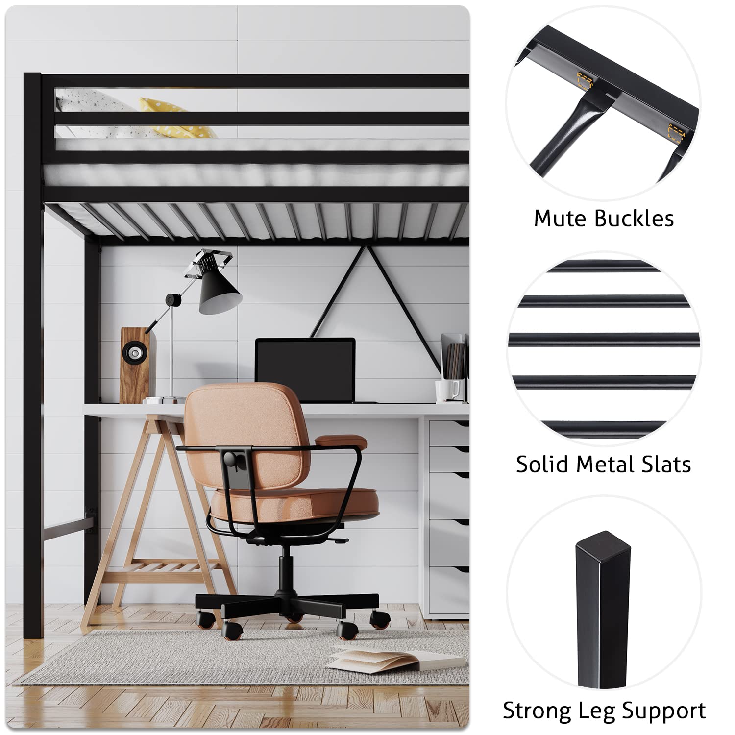 Twin Loft Bed with Ladder and Guardrail - Black Metal Frame