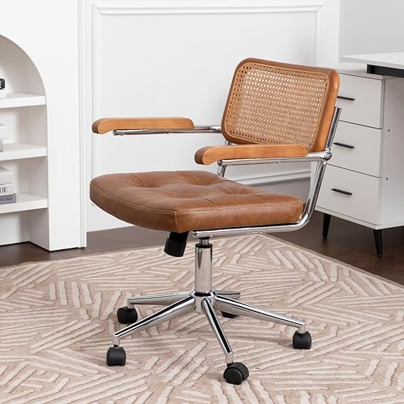 Rattan Office Chair with Wood Armrest