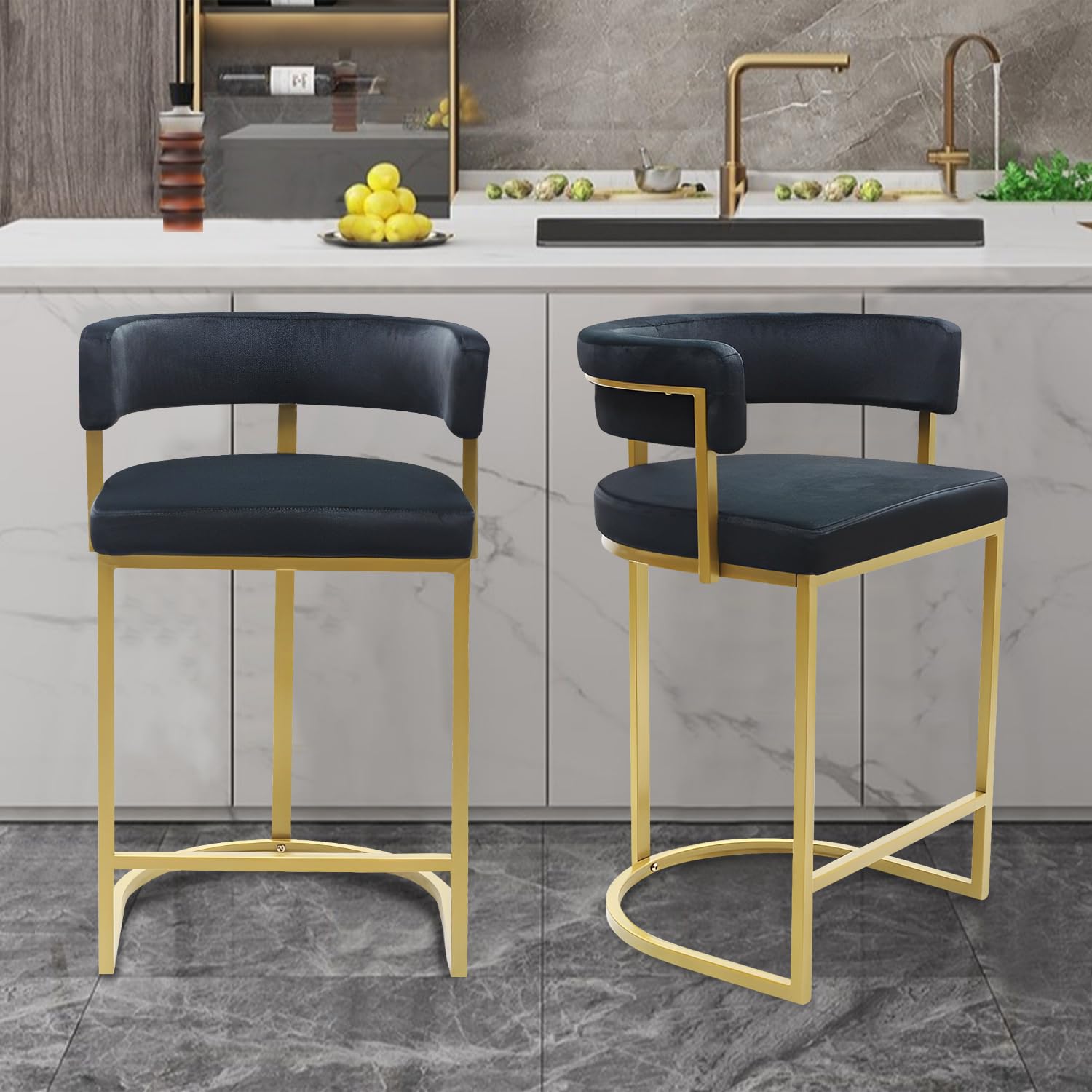 Black Velvet Bar Stools Set of 3 with Gold Footrest