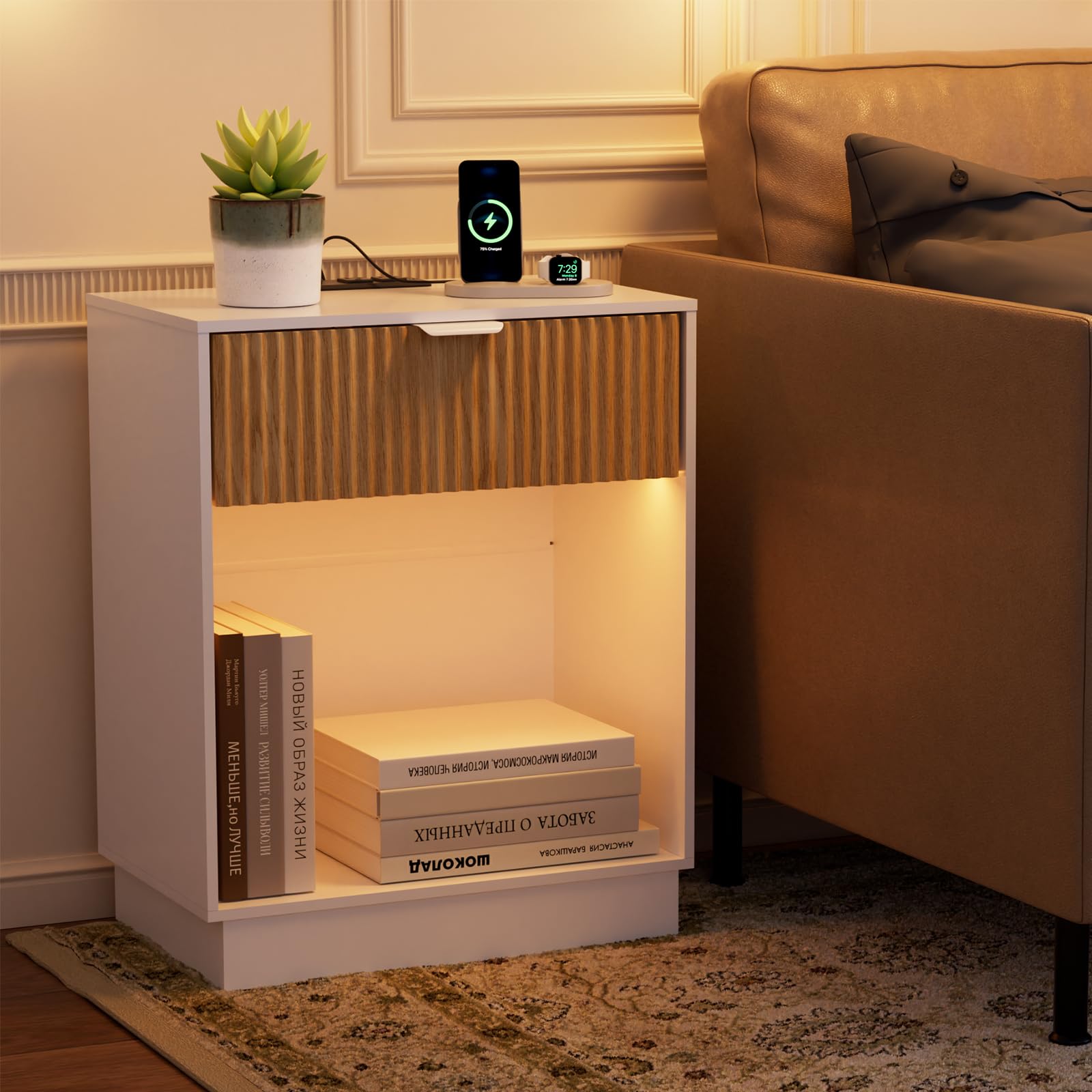 Fluted Nightstands Set of 2 with Charging Station and LED Lights