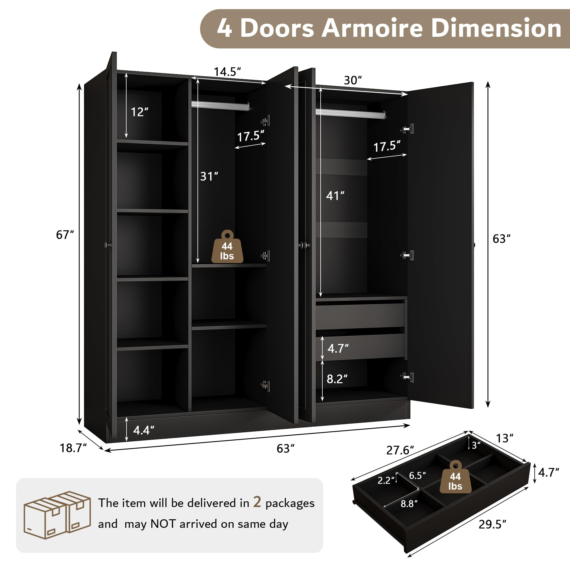 4 Door Wardrobe Armoire with 2 Drawers
