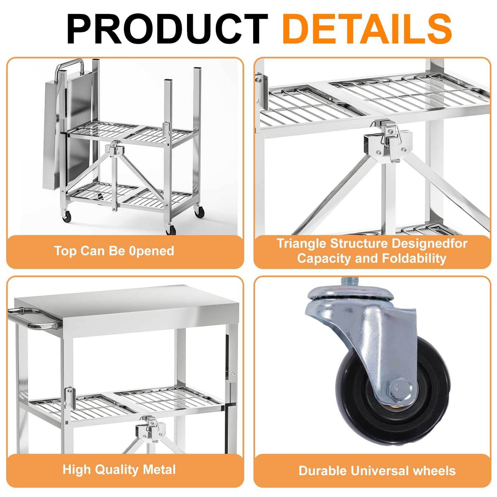 Stainless Steel Foldable Rolling Kitchen Cart with 3-Tier Shelves