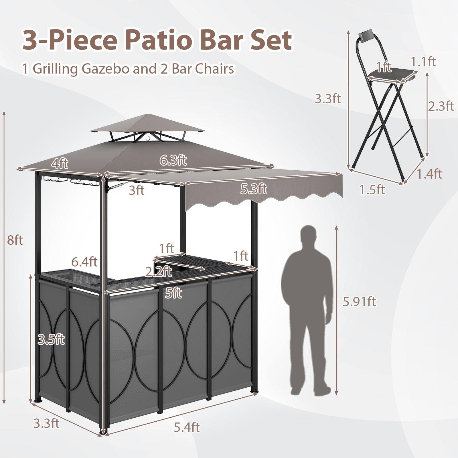 3-Piece Patio Bar Set with Grill Gazebo