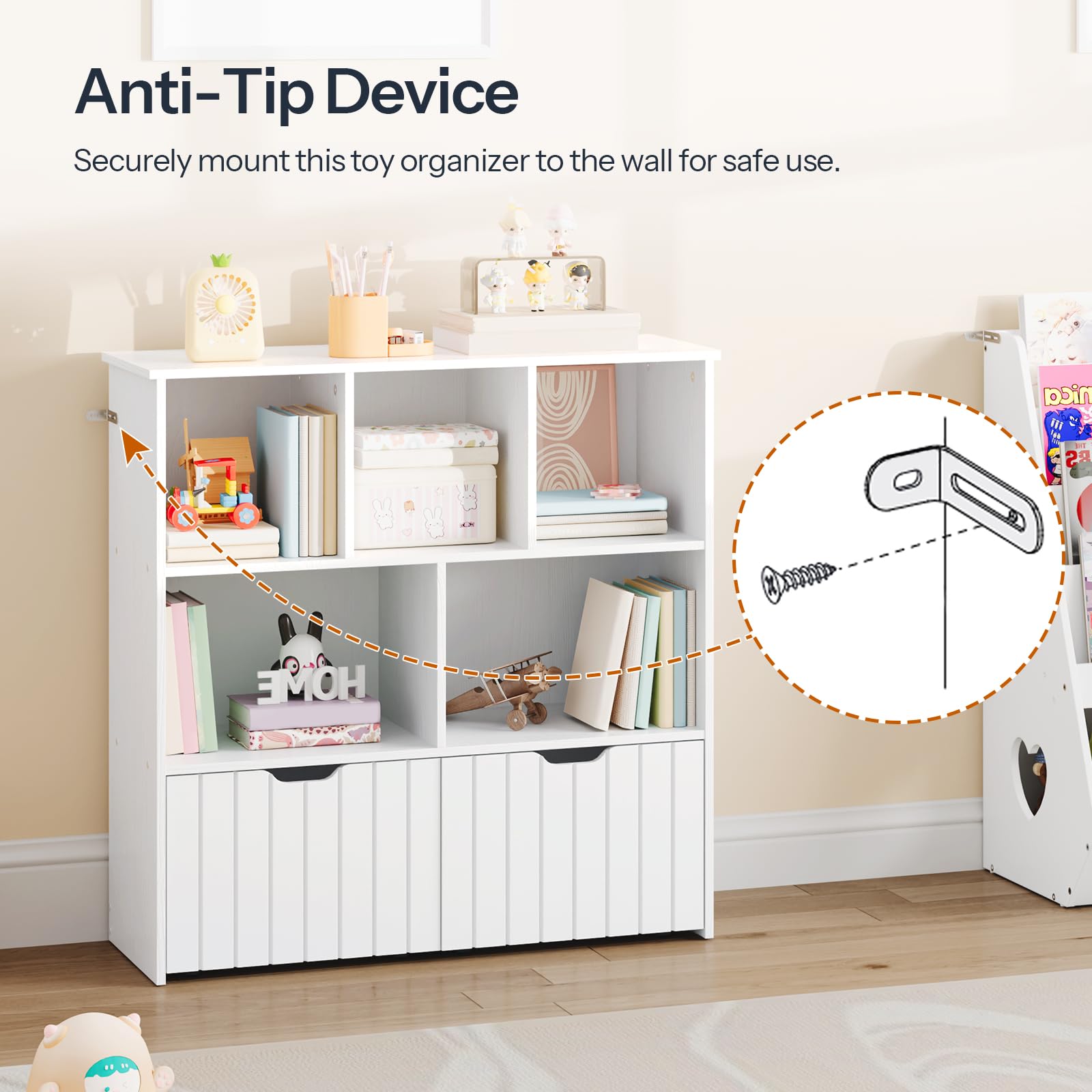 HOOBRO Toy Storage Organizer, Toy Organizers and Storage with 2 Movable Drawers and 5 Cubbies, Toy Chest Shelf for Books or Dolls, Kids Bookshelf and Toy Storage for Playroom, White WT88CW01