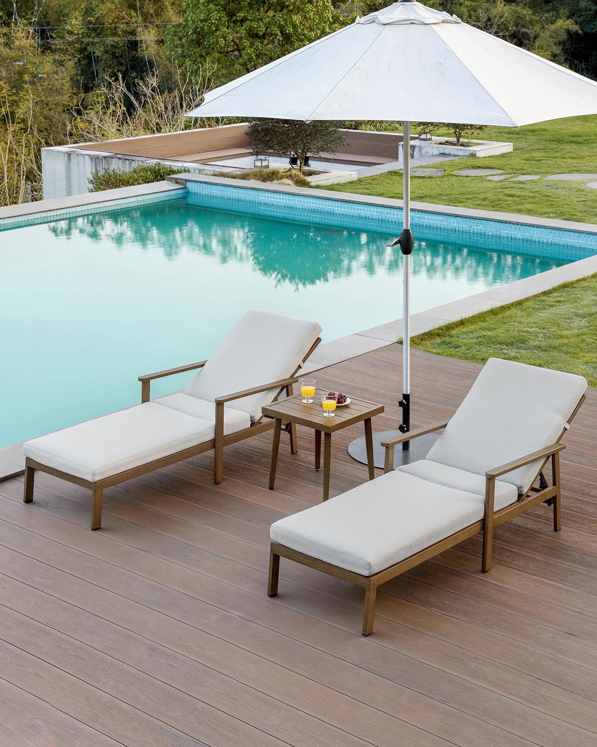 2-Pack Teak Chaise Lounge Chairs with Gray Cushions