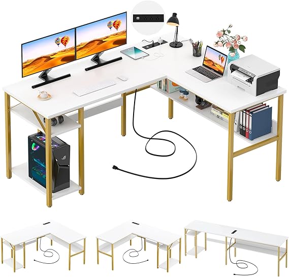 L-Shaped Computer Desk with Power Outlets and USB Ports