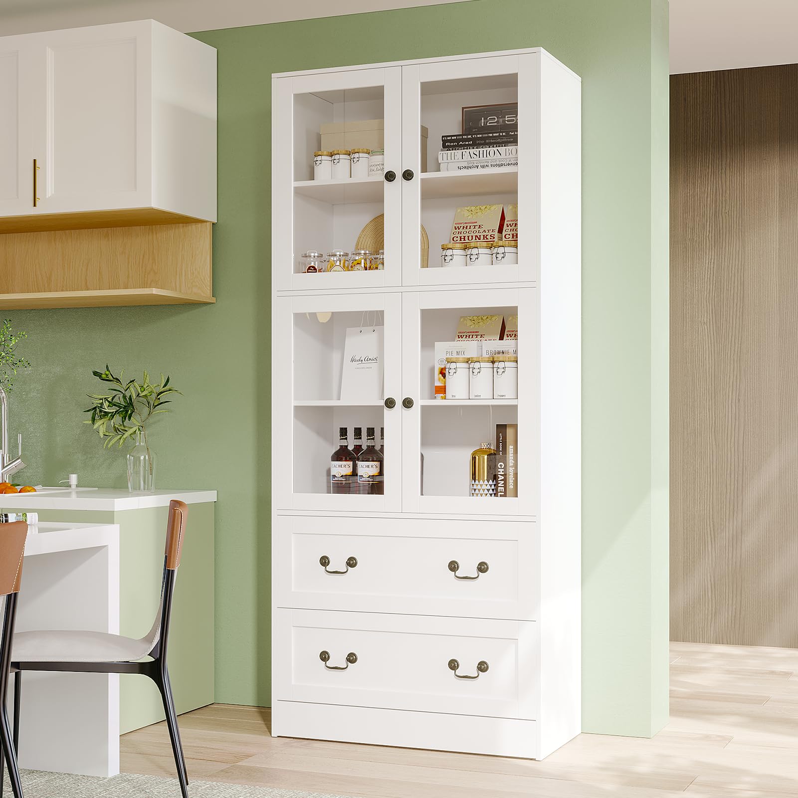 78.7" Bookcase with Glass Doors and Drawers