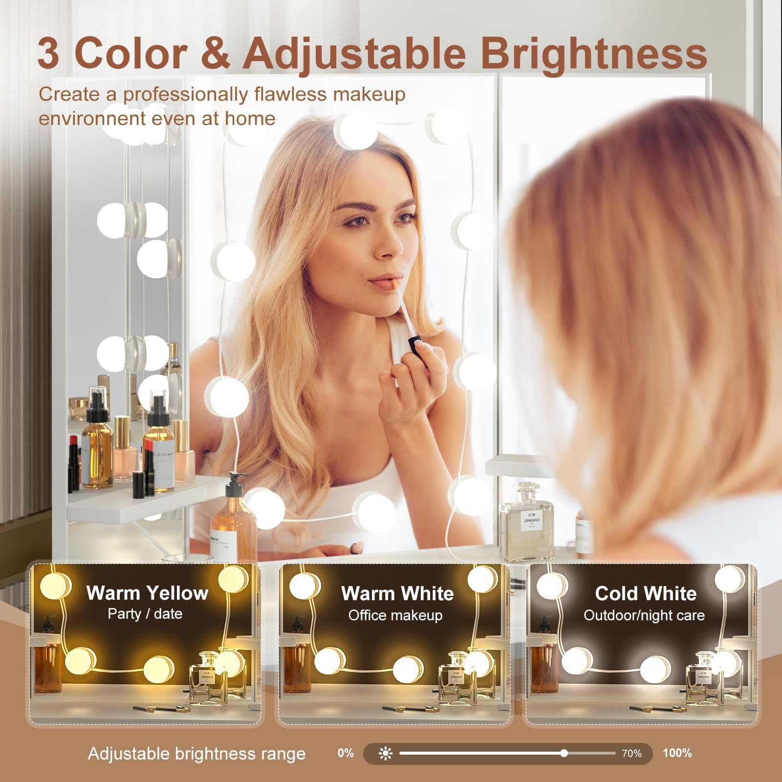 Corner Vanity Desk with Tri-Fold Mirror and Lights