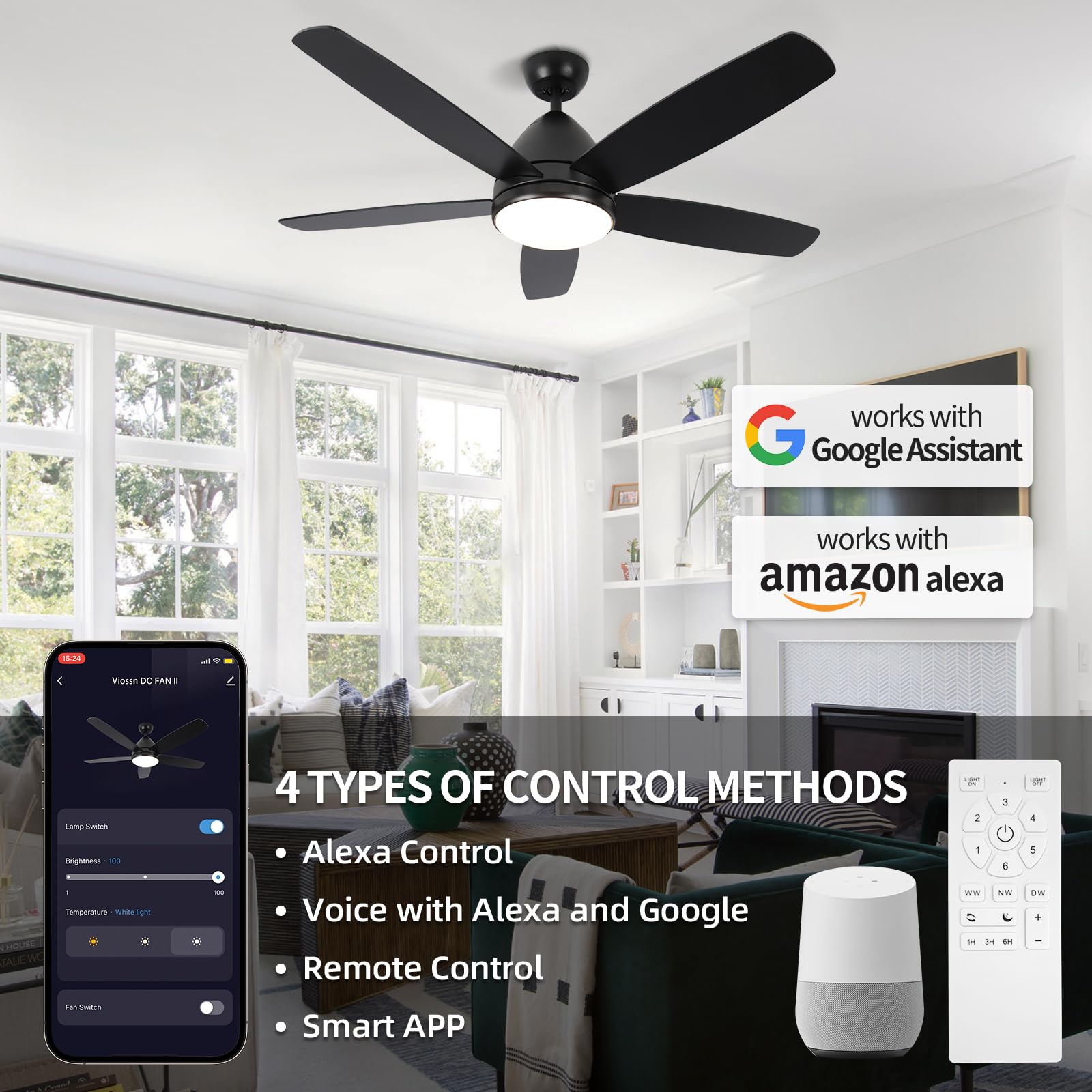 52 Inch Smart Ceiling Fan with Light and Remote