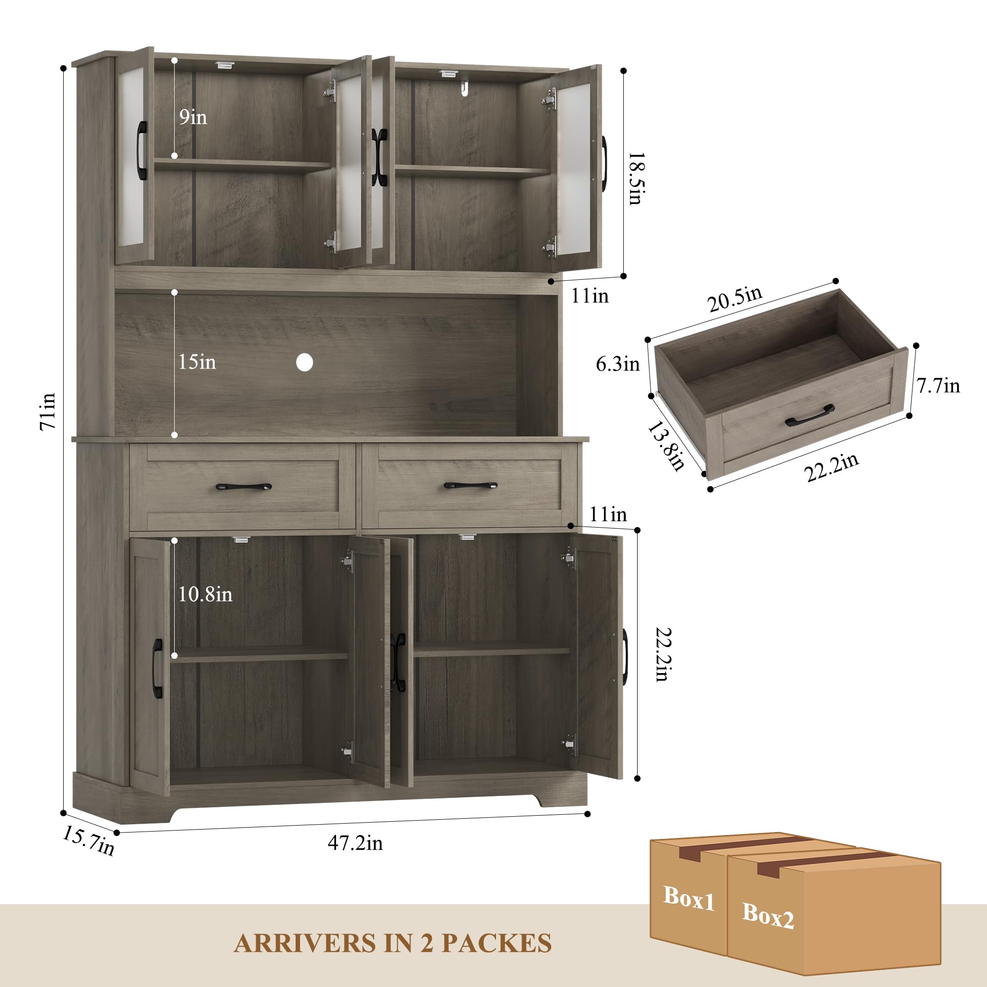 71" Farmhouse Kitchen Pantry Cabinet with Microwave Stand