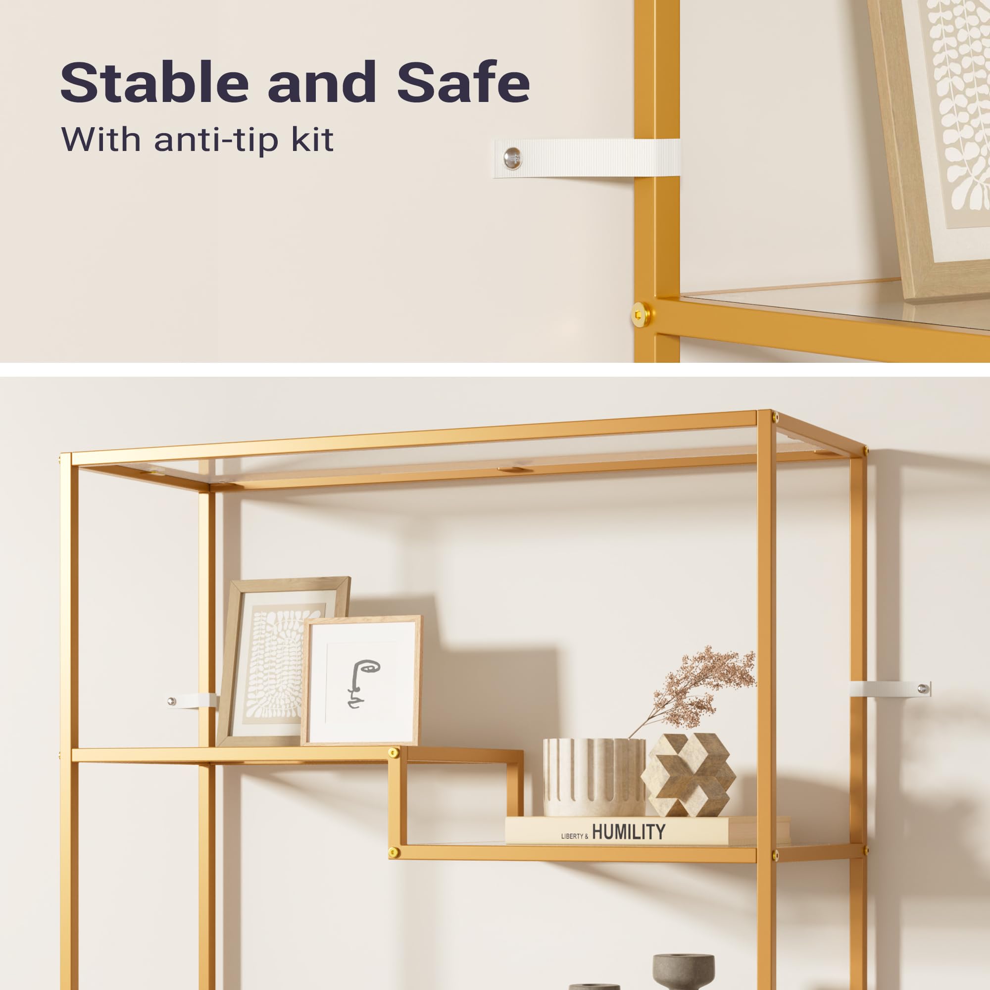 5-Tier Tempered Glass Bookshelf Golden Modern Display Shelf