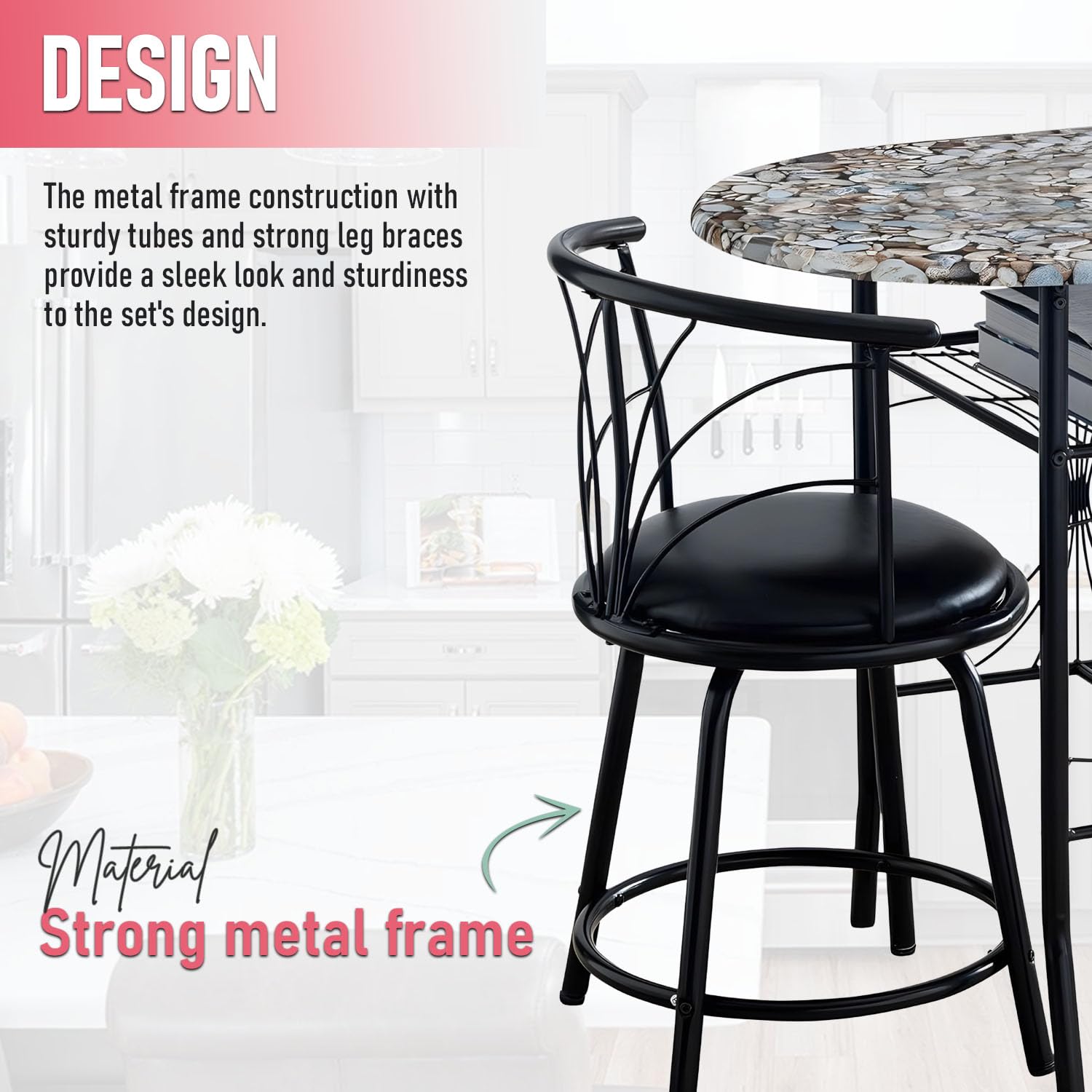 3-Piece Faux Marble Pub Dining Set with Storage