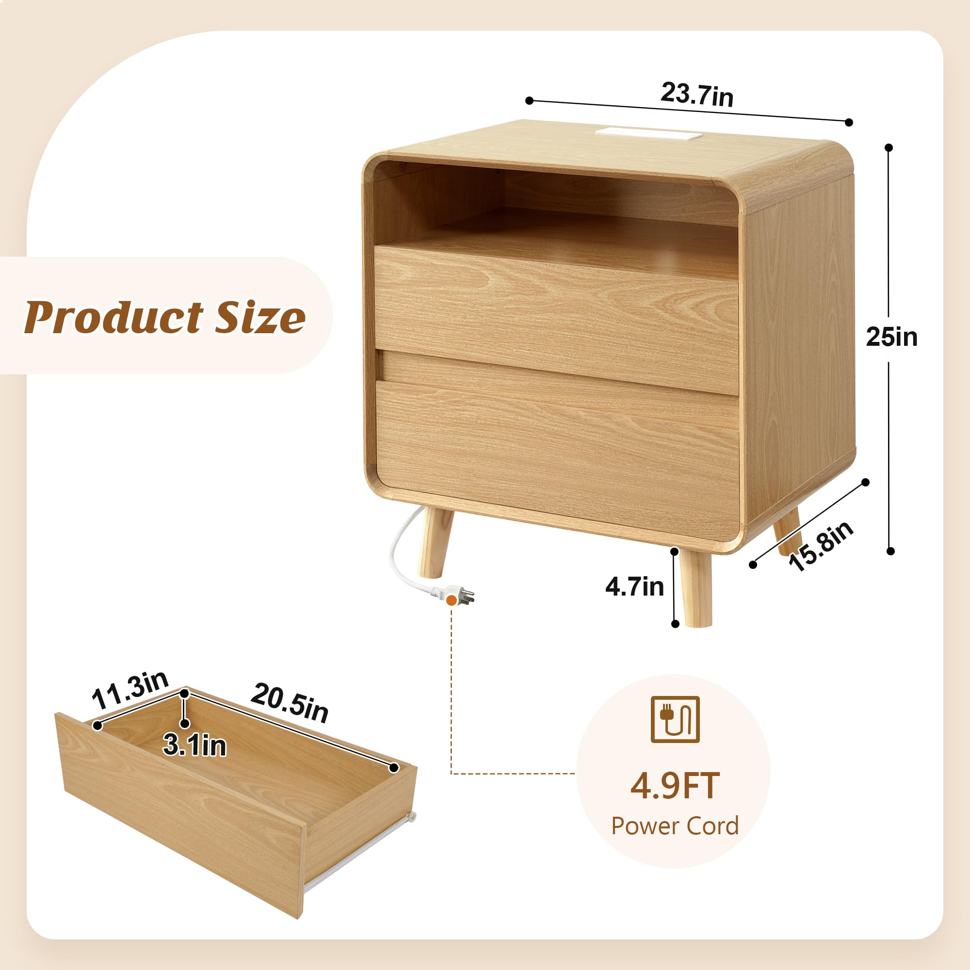 Modern Nightstands Set of 2 with Charging Station