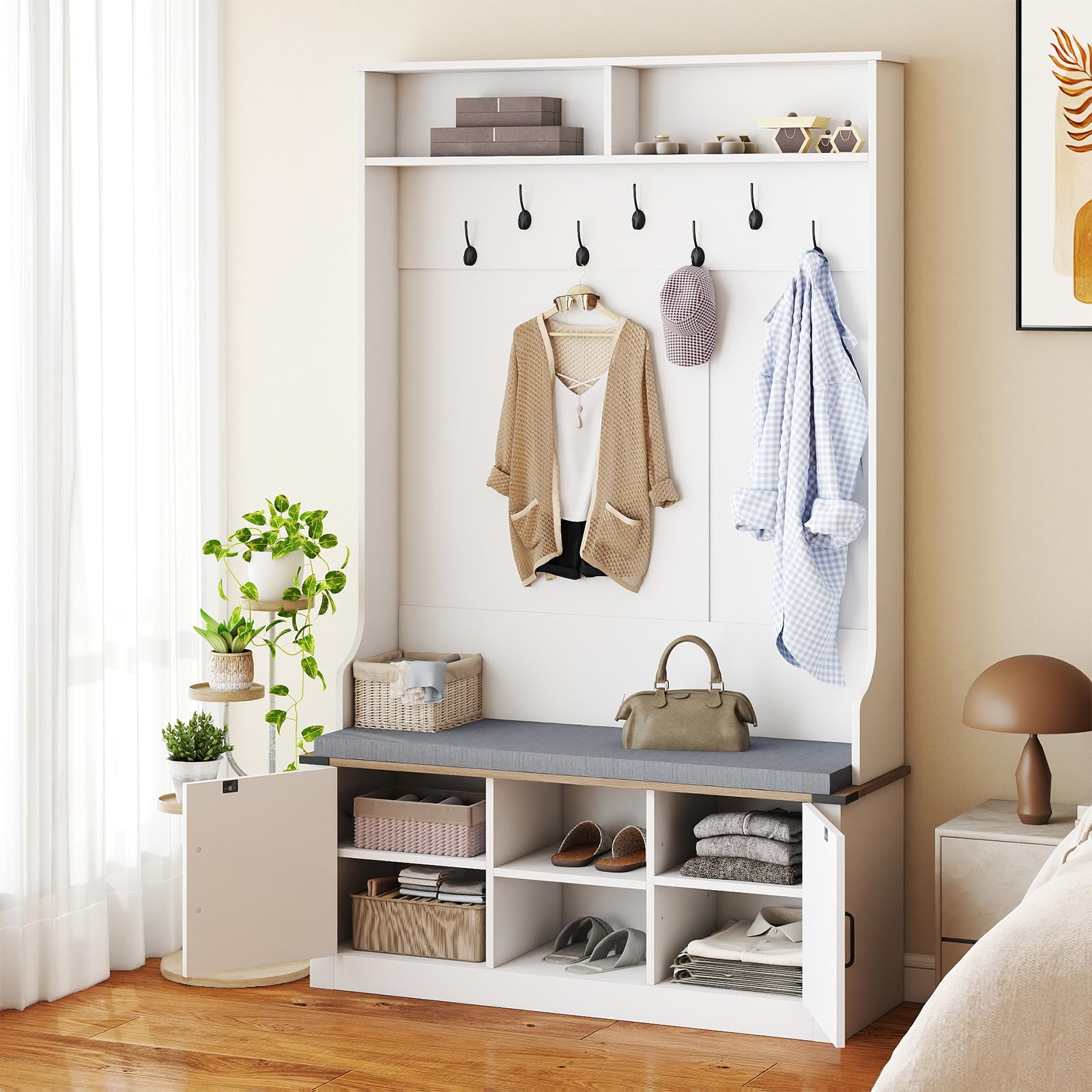 Hall Tree with Cushioned Bench and Shoe Storage
