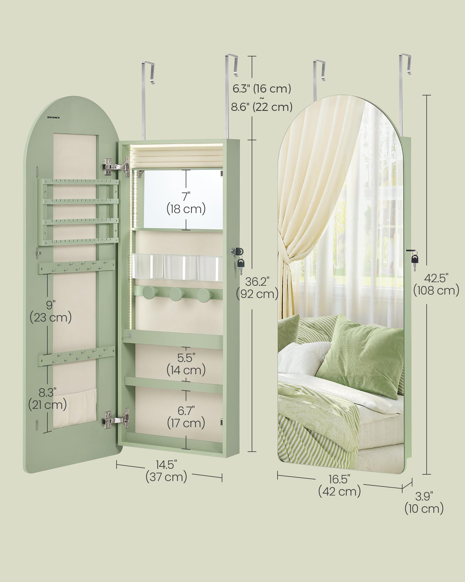 Wide LED Jewelry Cabinet with Arched Mirror
